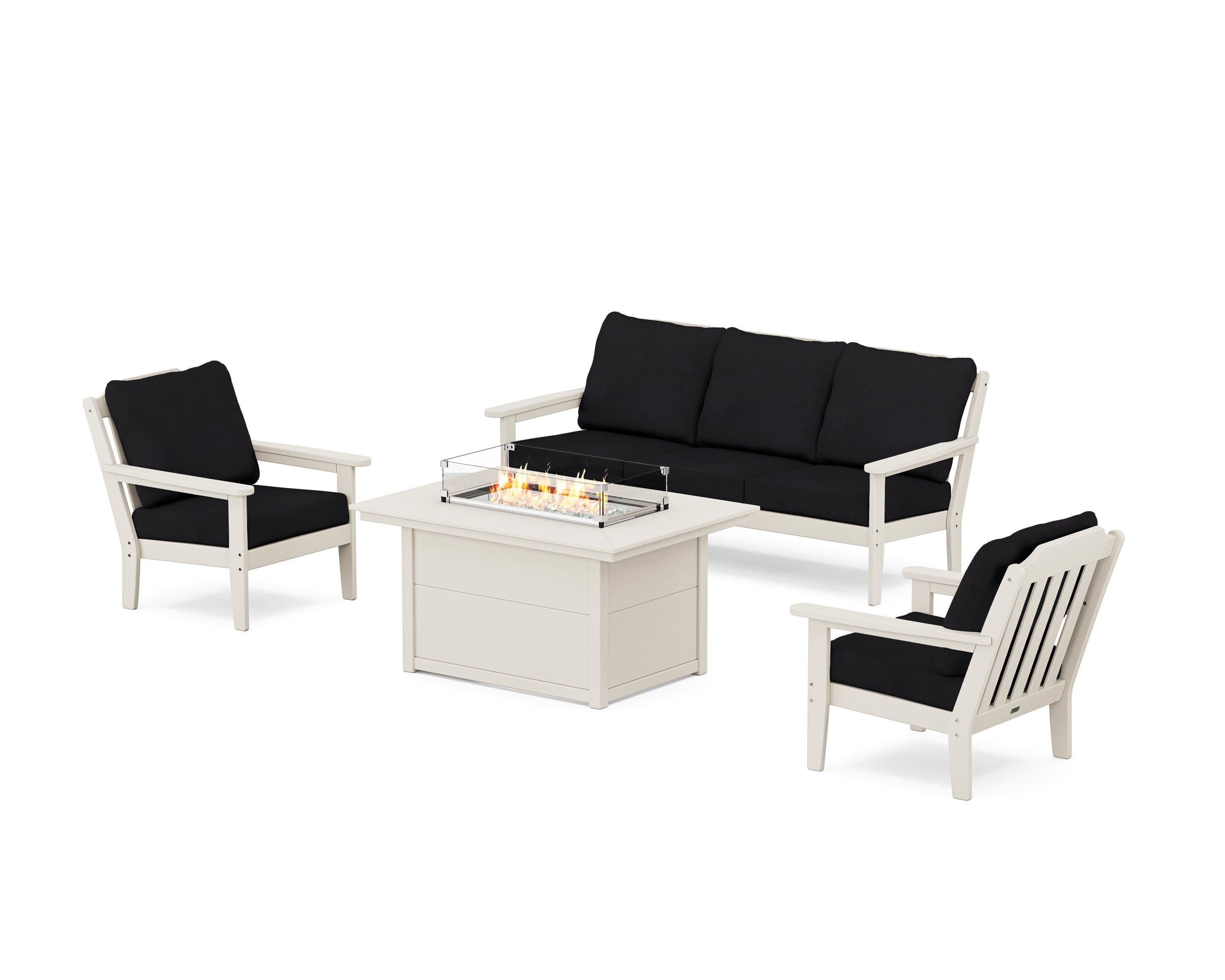 Cottage Deep Seating Fire Pit Table Set in Sand / Midnight Linen