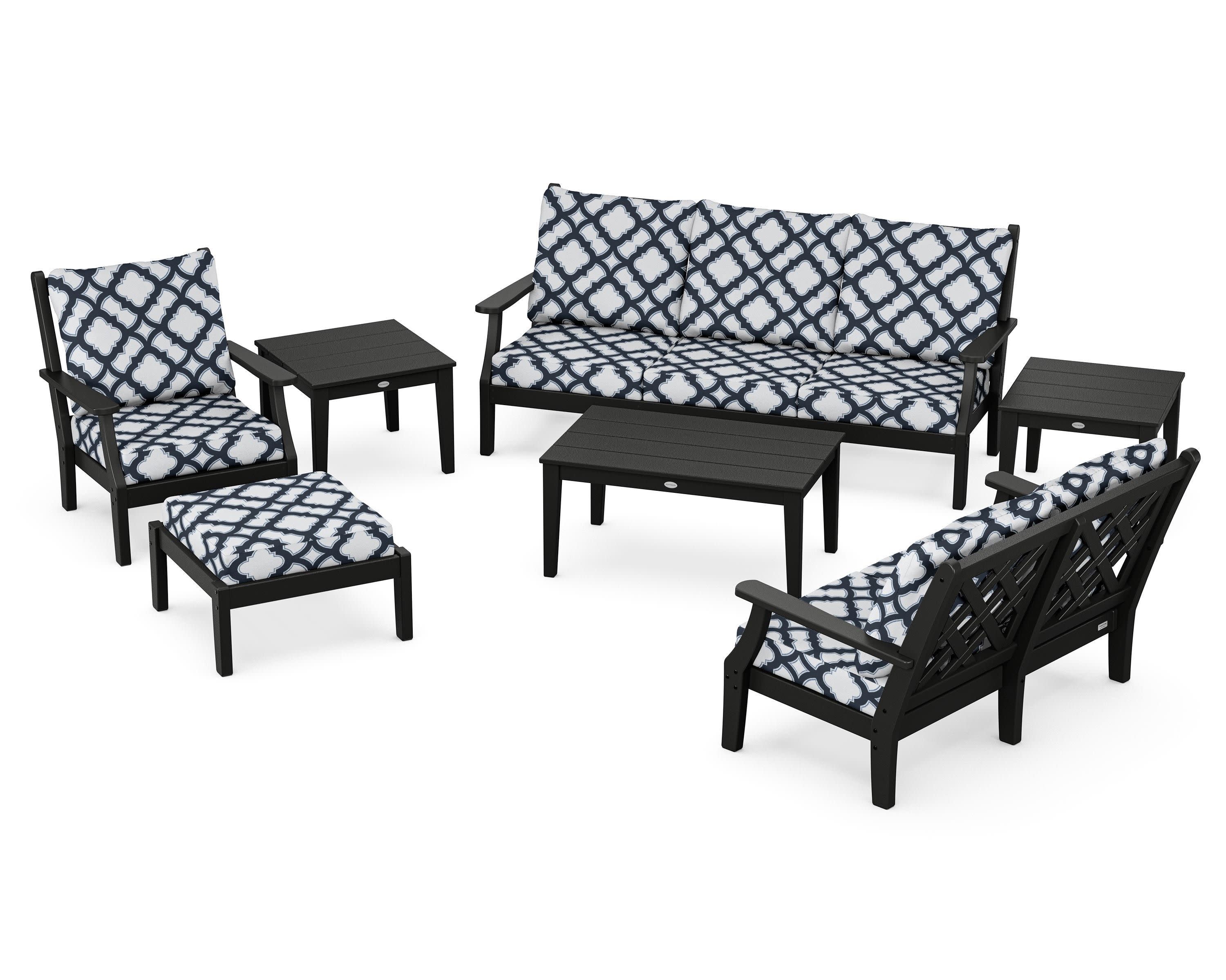 Wovendale 7-Piece Deep Seating Set in Black / Trellis Marine Indigo