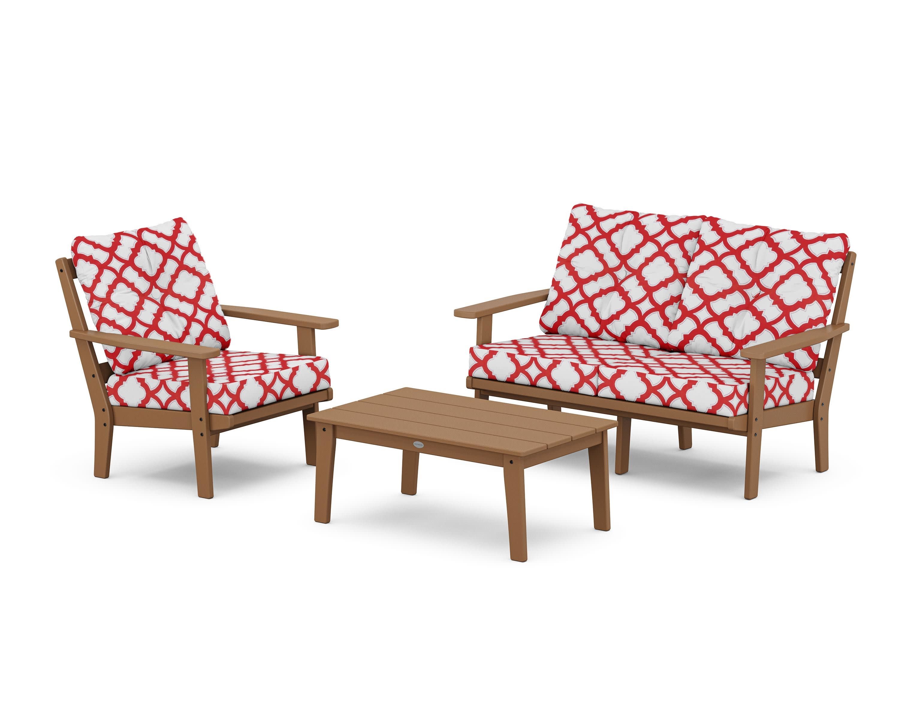 Prairie 3-Piece Deep Seating Set with Loveseat in Teak / Trellis Crimson