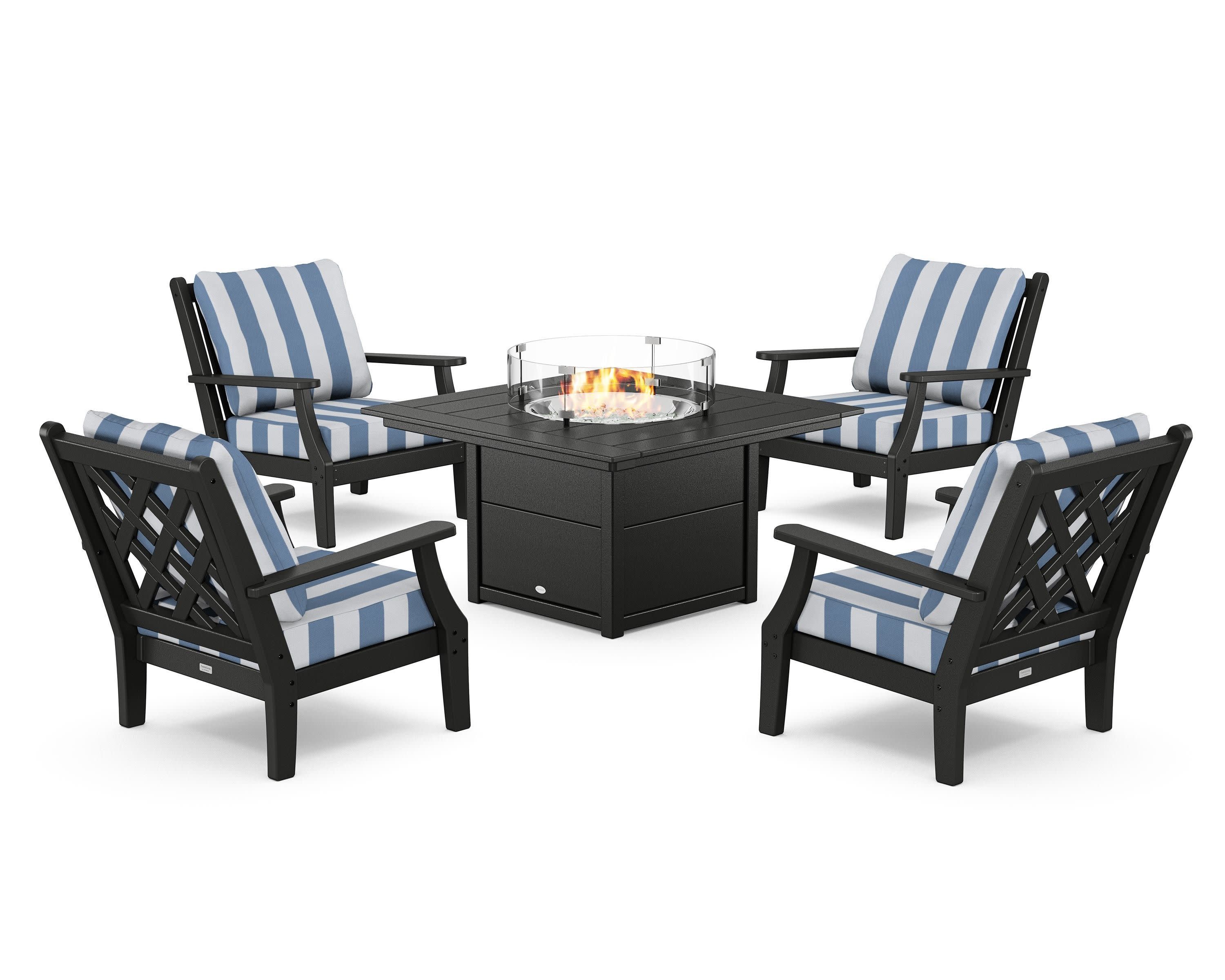 Wovendale 5-Piece Deep Seating Set with Fire Pit Table in Black / Cabana Stripe Sky Blue