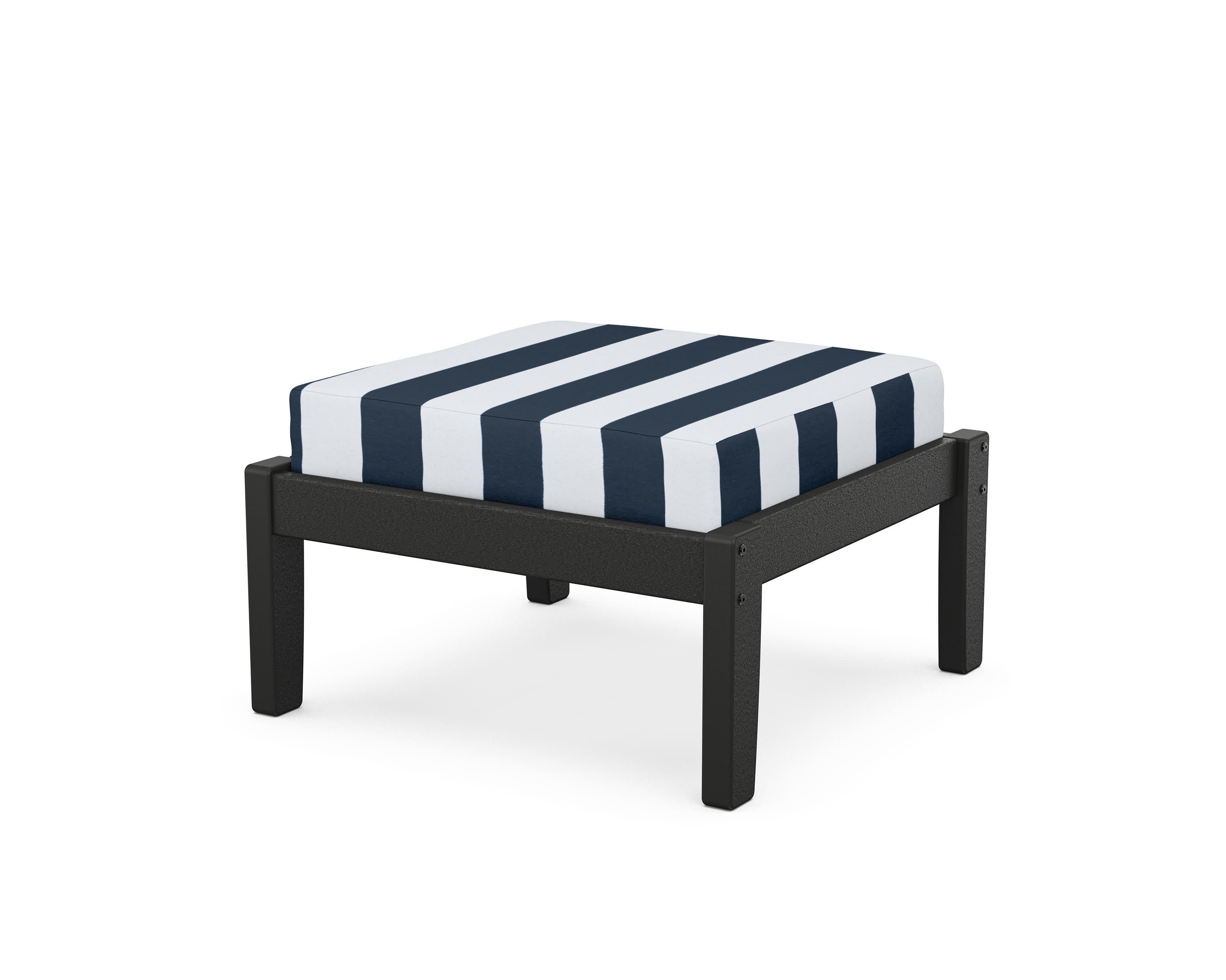 Deep Seating Ottoman in Black / Cabana Stripe Marine Indigo
