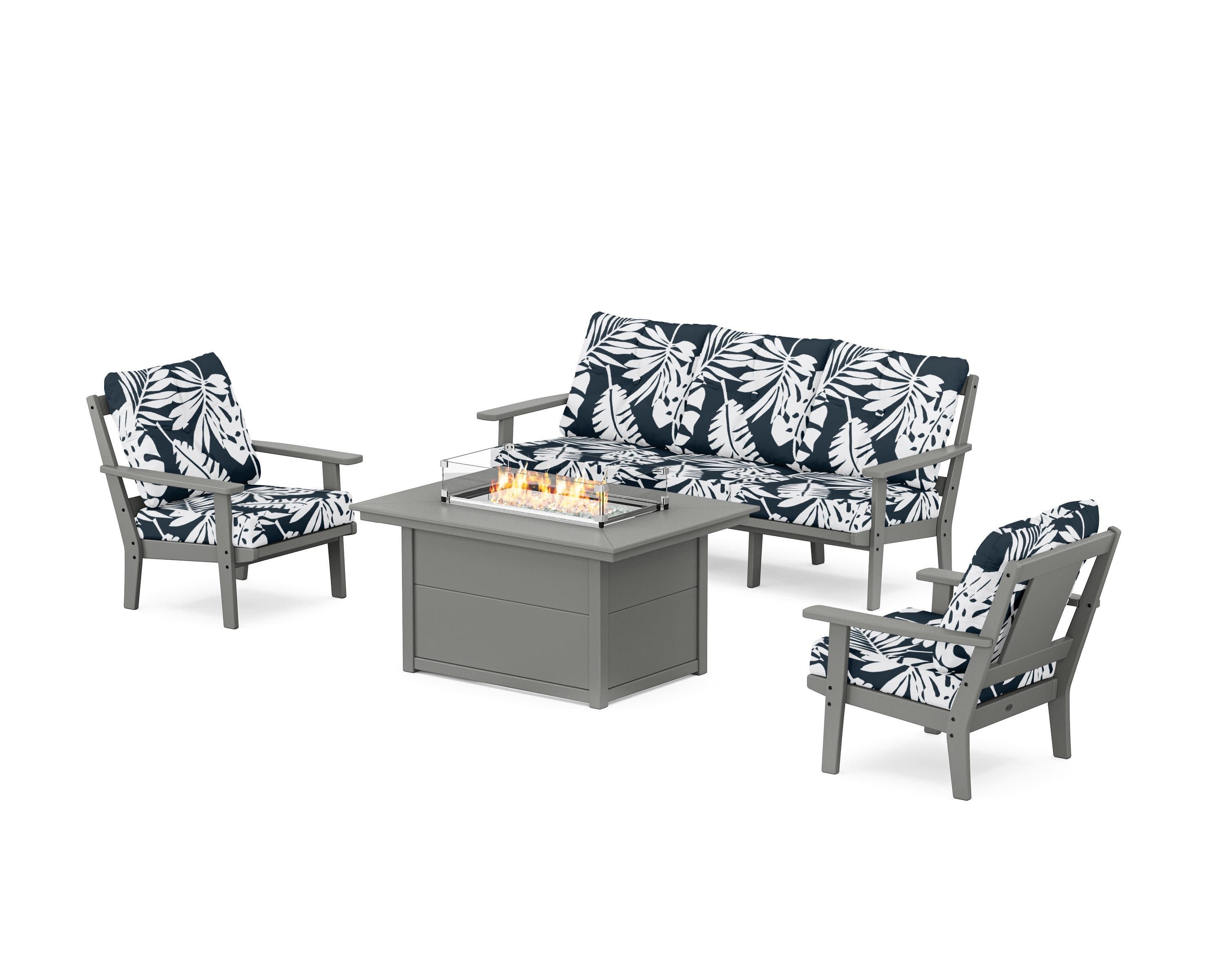 Prairie Deep Seating Fire Pit Table Set in Slate Grey / Leaf Marine Indigo