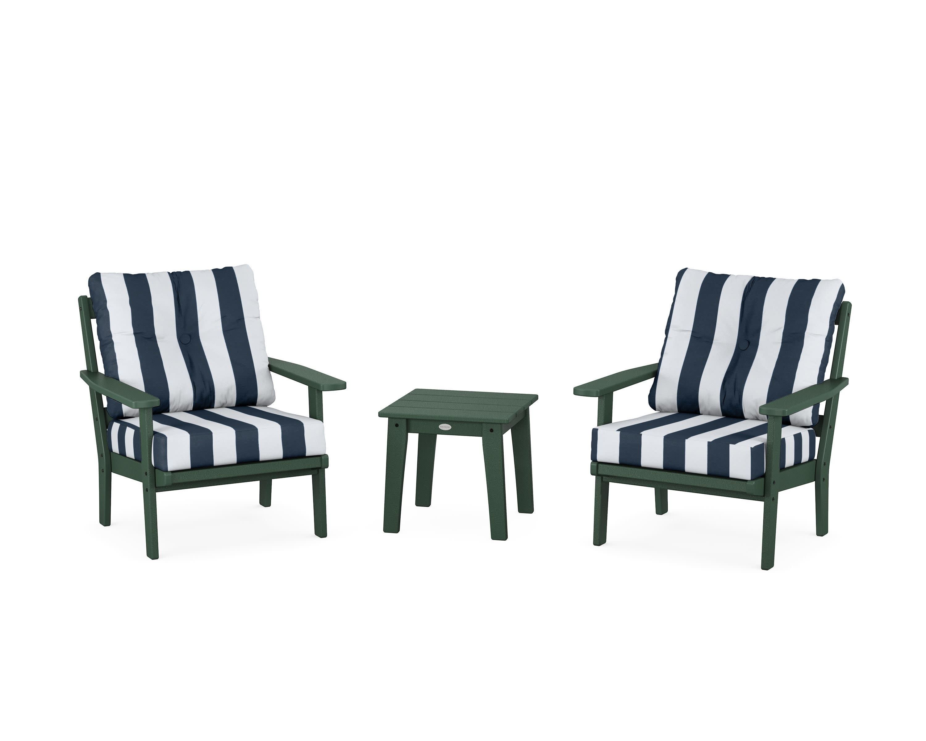 Prairie 3-Piece Deep Seating Set in Green / Cabana Stripe Marine Indigo
