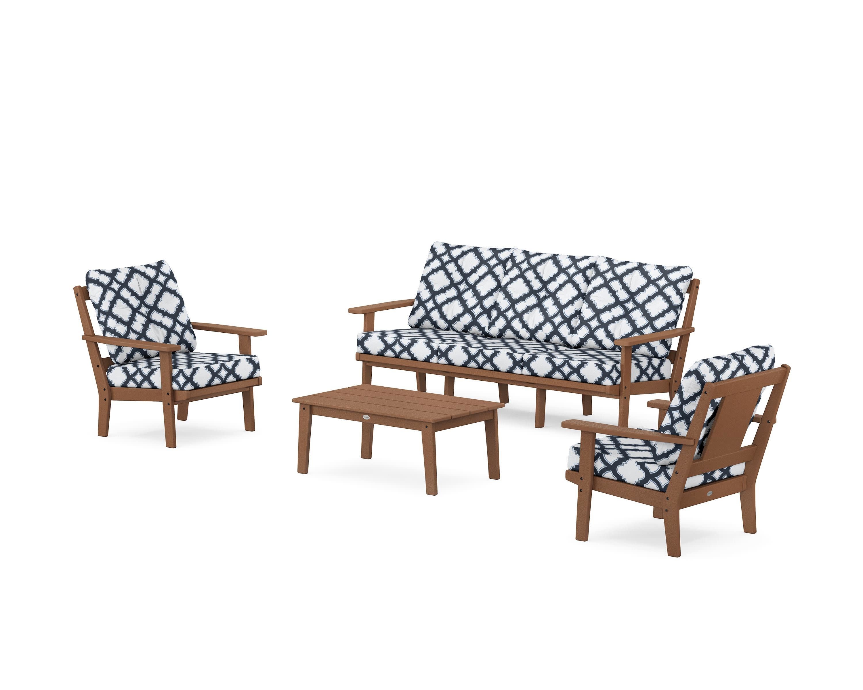 Prairie 4-Piece Deep Seating Set with Sofa in Teak / Trellis Marine Indigo