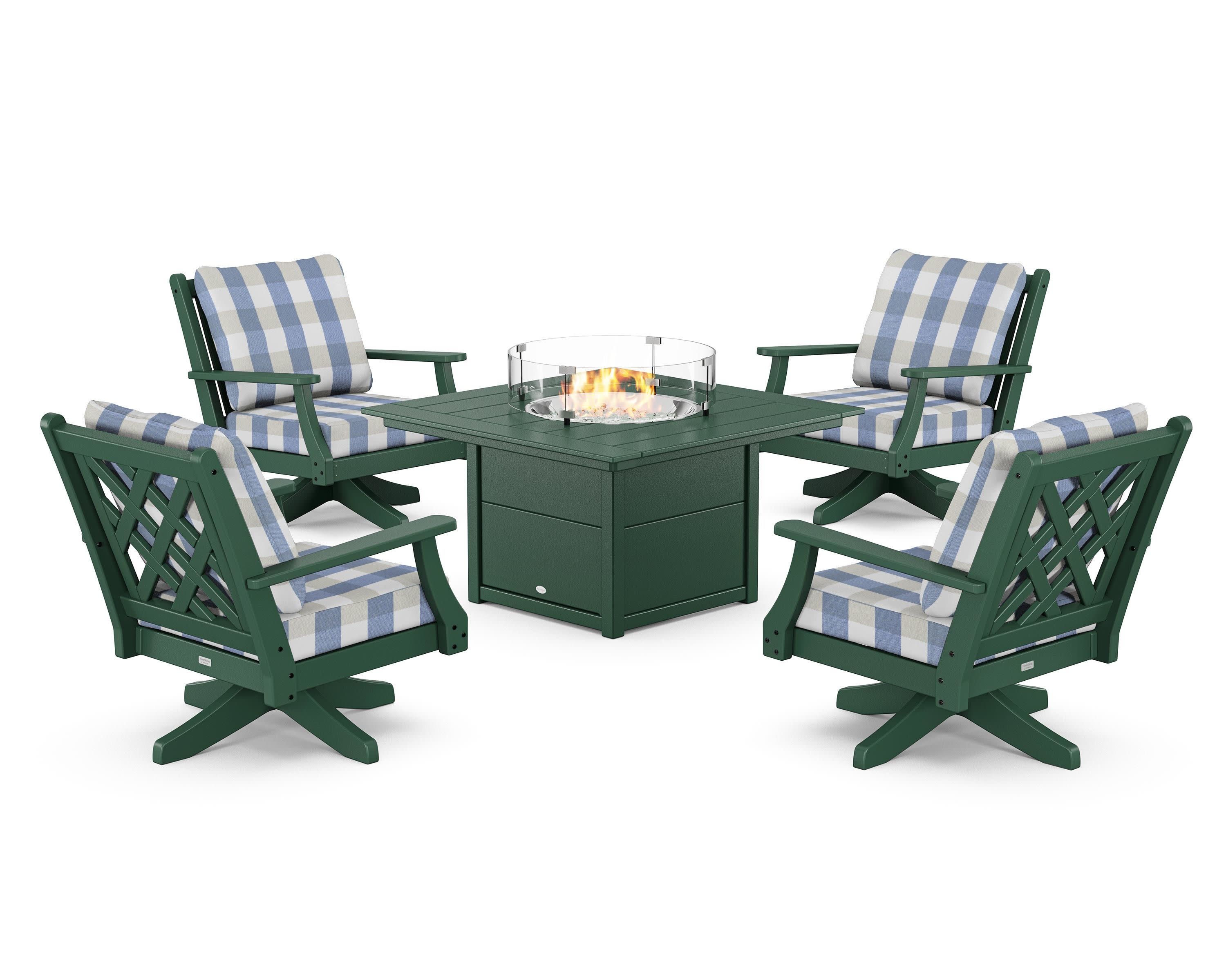 Wovendale 5-Piece Deep Seating Swivel Conversation Set with Fire Pit Table in Green / Buffalo Plaid Sky Blue