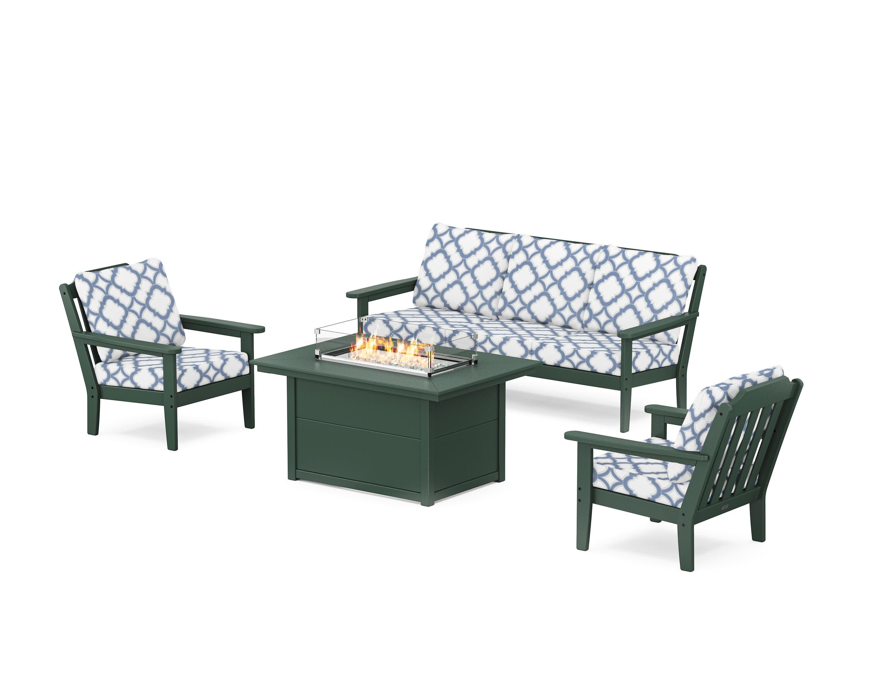 Cottage Deep Seating Fire Pit Table Set in Green / Trellis Sky Blue