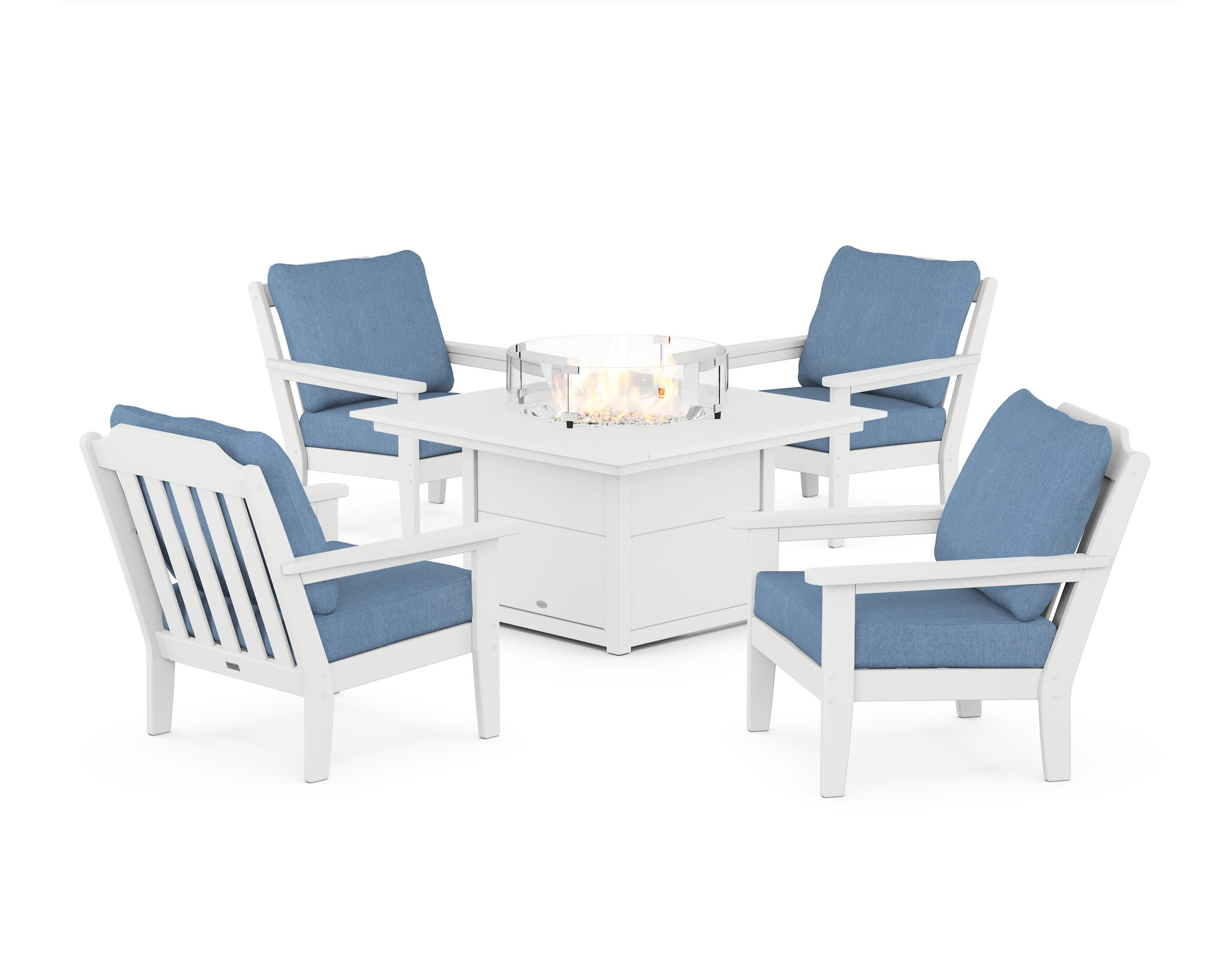 Cottage 5-Piece Deep Seating Set with Fire Pit Table in White / Sky Blue