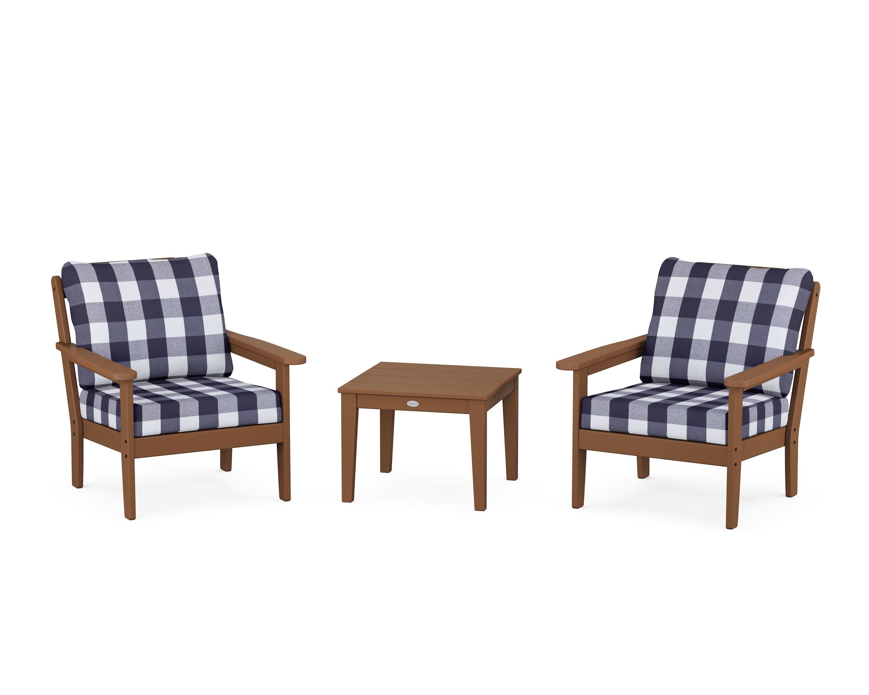 Cottage 3-Piece Deep Seating Set in Teak / Buffalo Plaid Navy