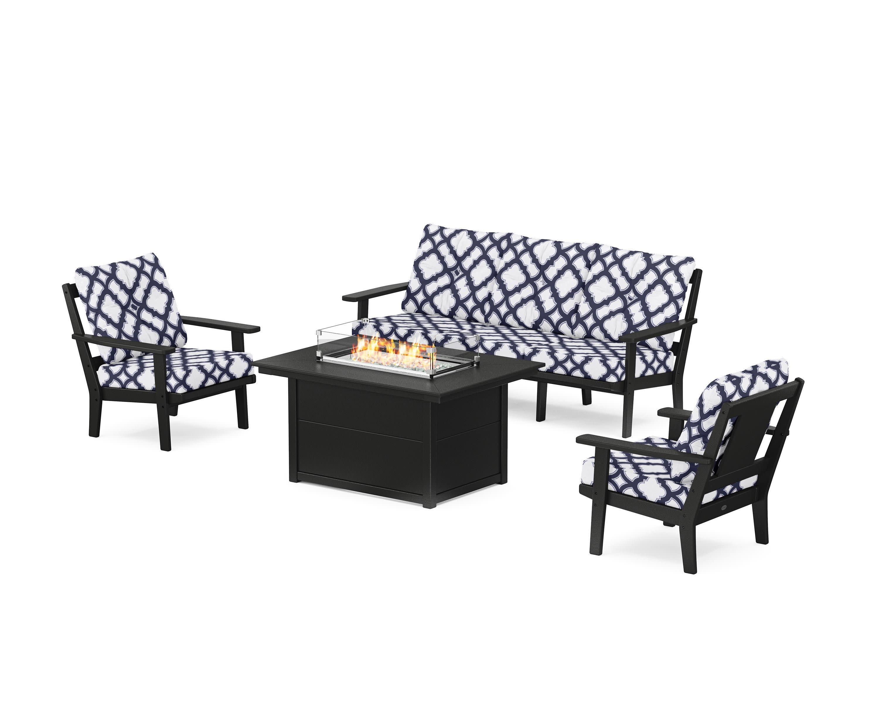 Prairie Deep Seating Fire Pit Table Set in Black / Trellis Navy