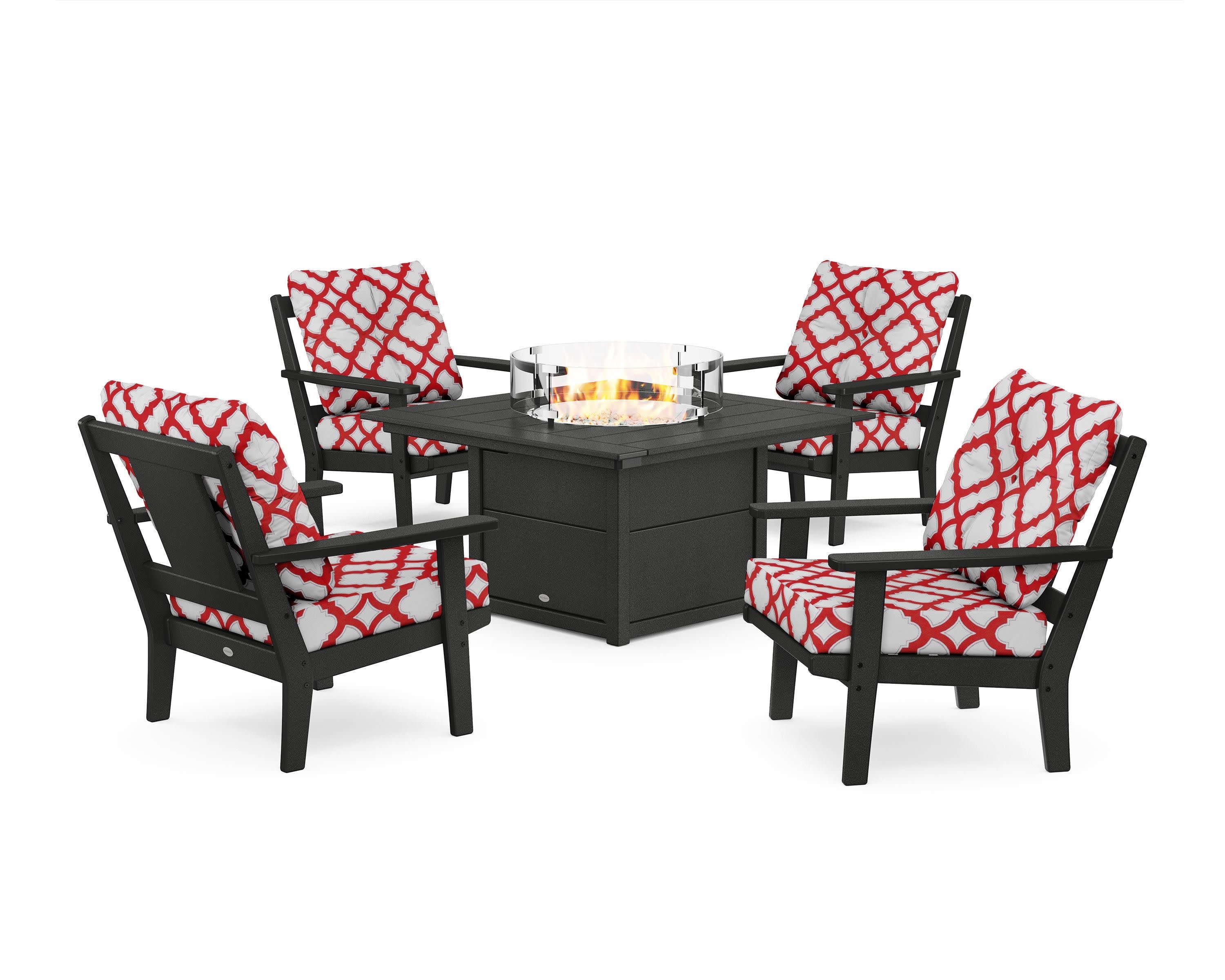 Prairie 5-Piece Deep Seating Set with Fire Pit Table in Black / Trellis Crimson