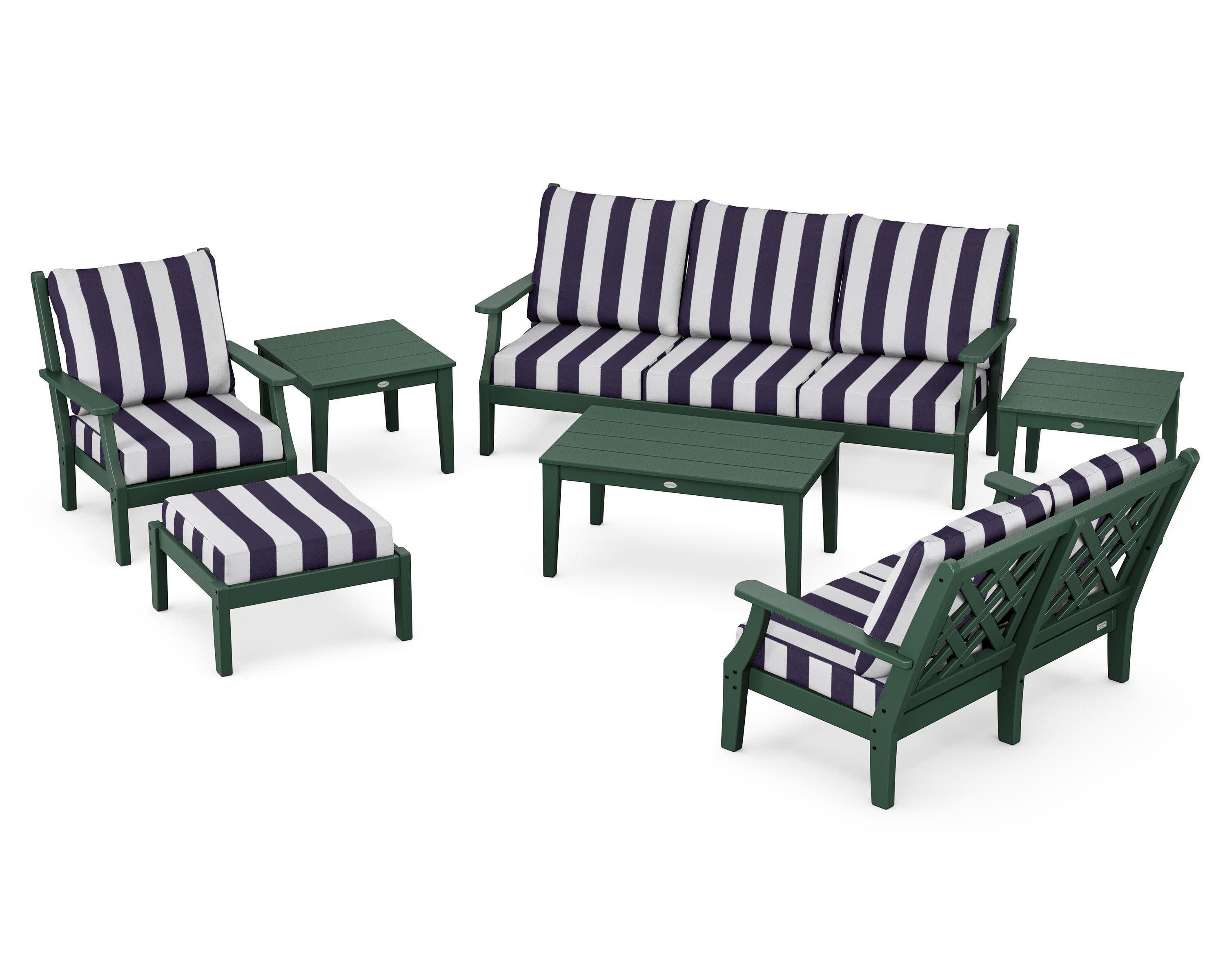 Wovendale 7-Piece Deep Seating Set in Green / Cabana Stripe Navy