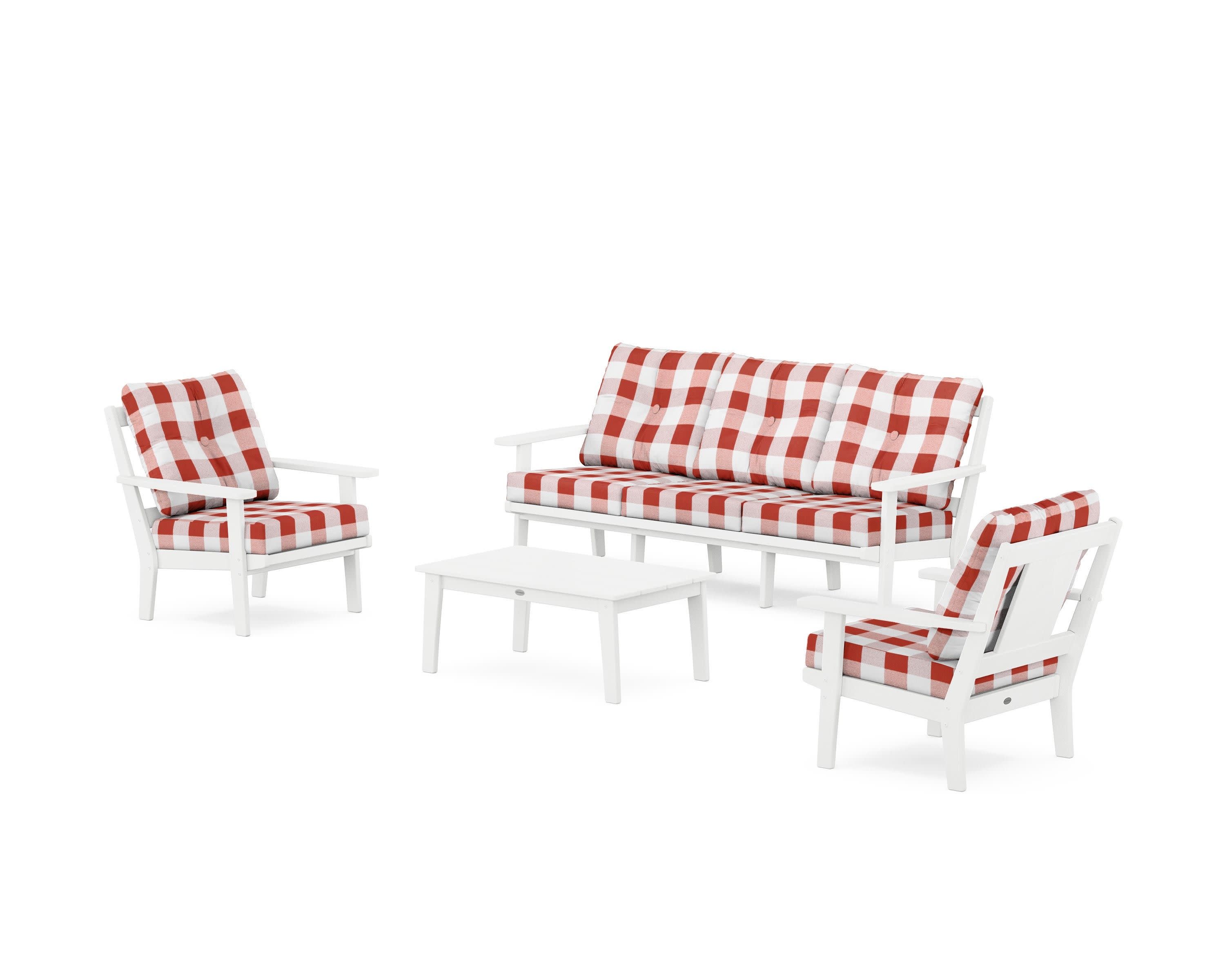 Prairie 4-Piece Deep Seating Set with Sofa in White / Buffalo Plaid Crimson
