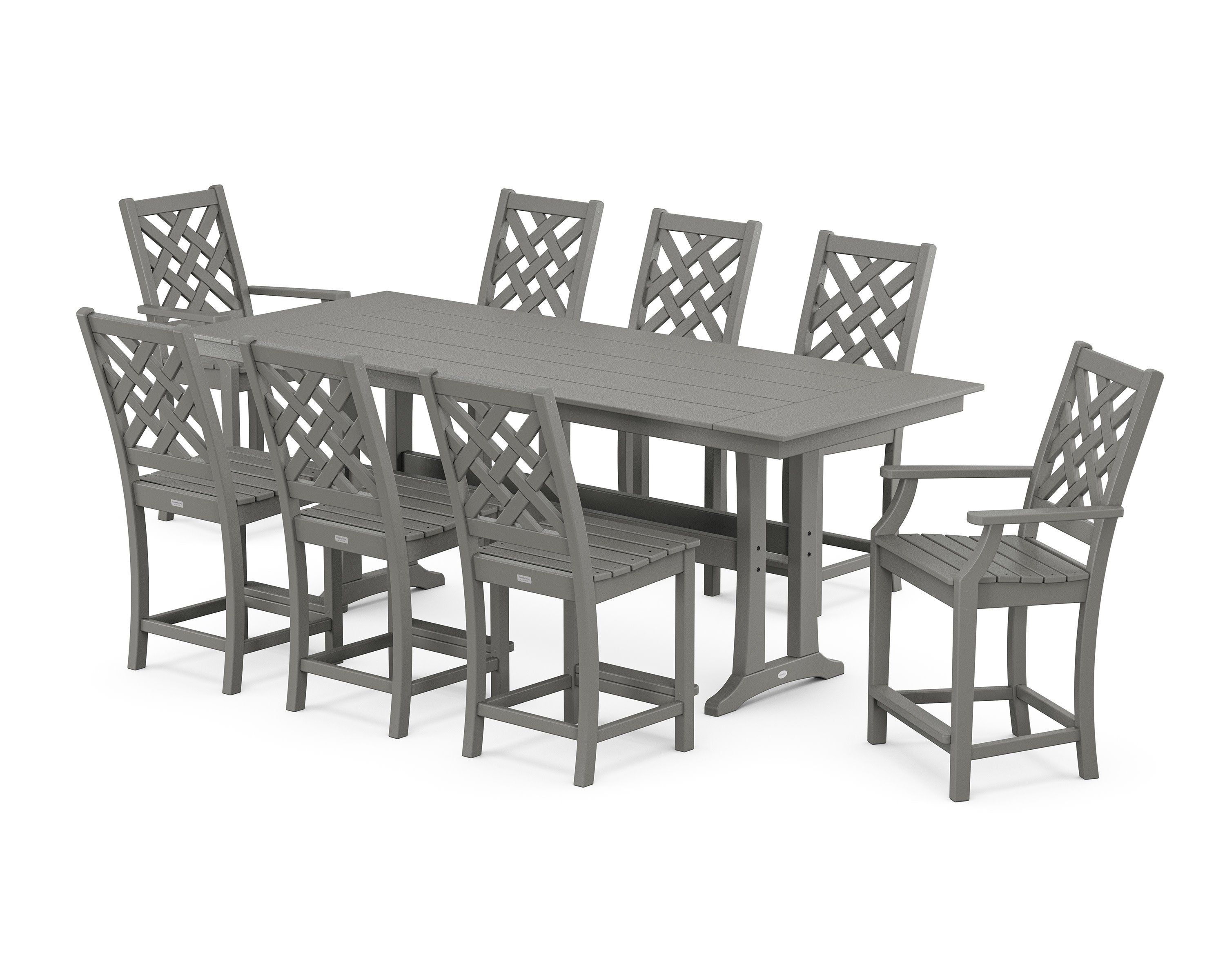 Wovendale 9-Piece Farmhouse Counter Set with Trestle Legs in Slate Grey