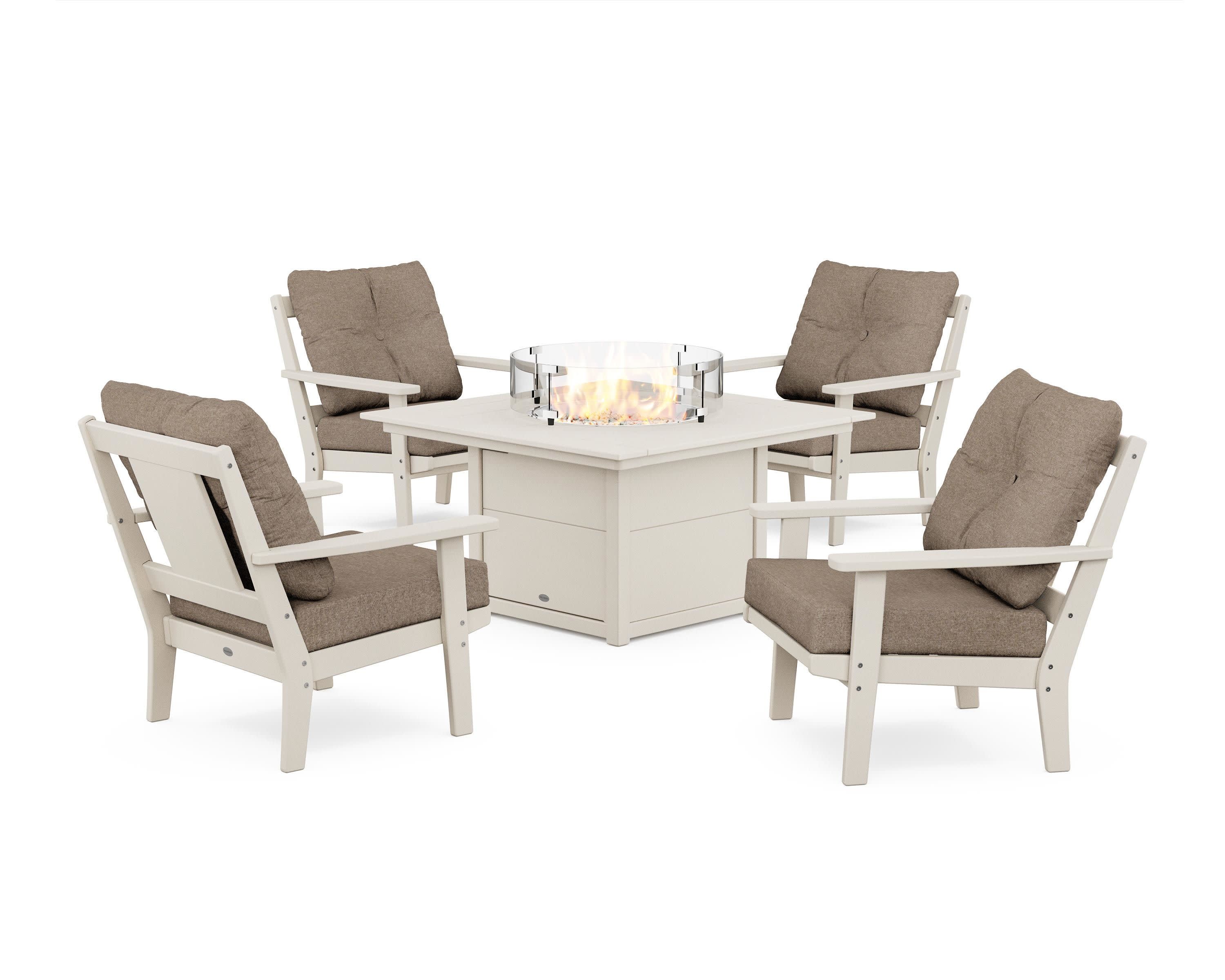 Prairie 5-Piece Deep Seating Set with Fire Pit Table in Sand / Spiced Burlap