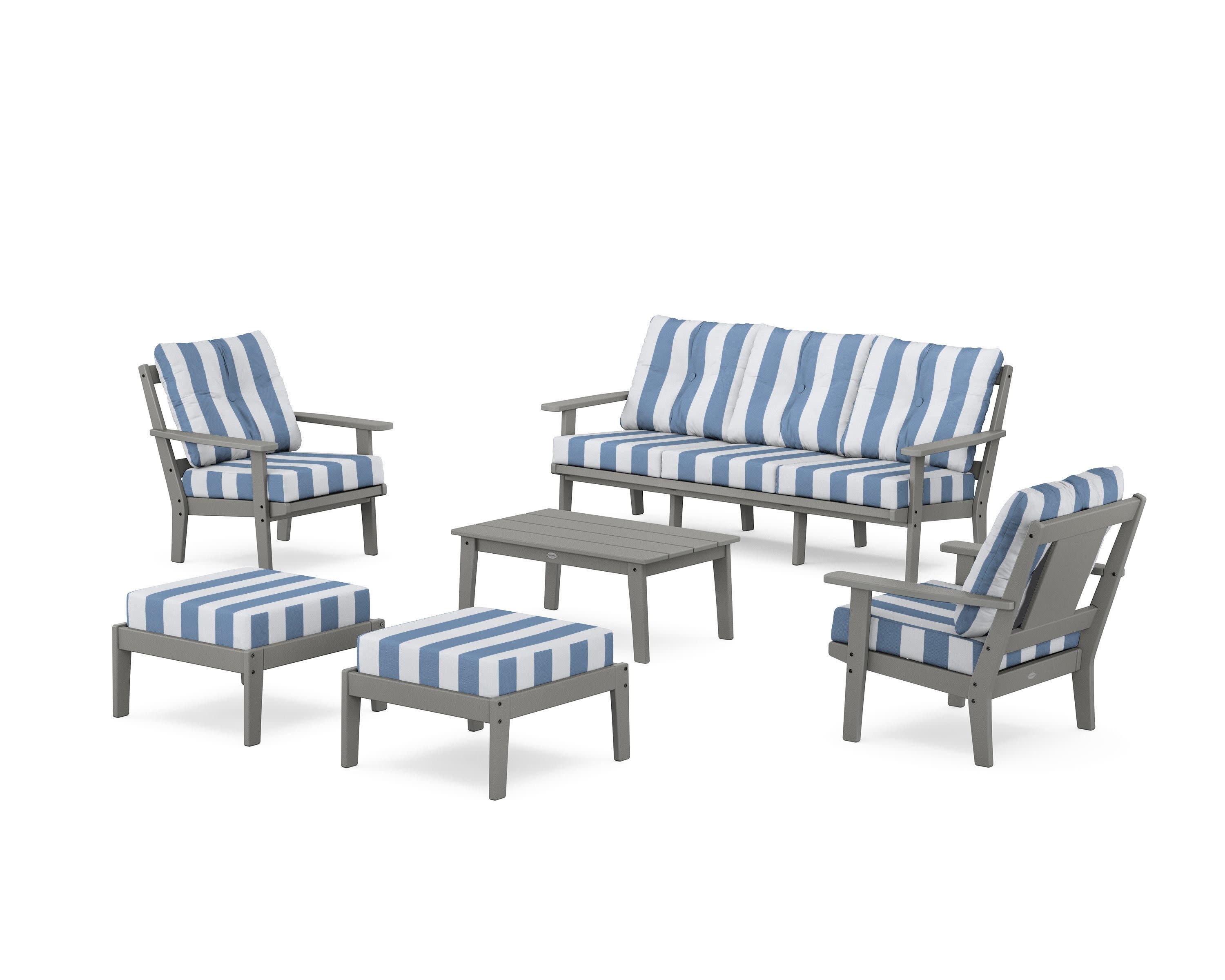 Prairie 6-Piece Lounge Sofa Set in Slate Grey / Cabana Stripe Sky Blue