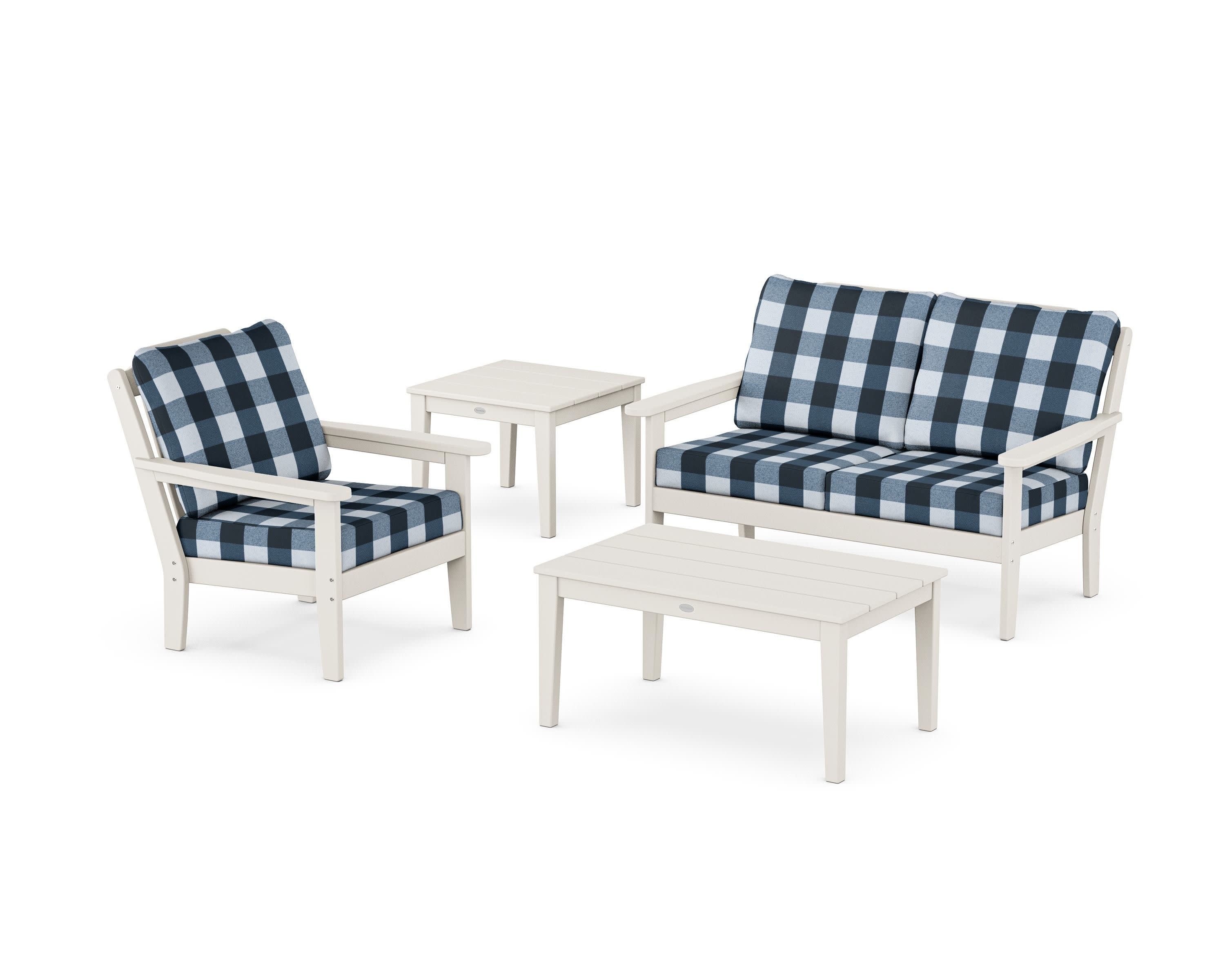 Wovendale 4-Piece Deep Seating Set in Sand / Buffalo Plaid Marine Indigo