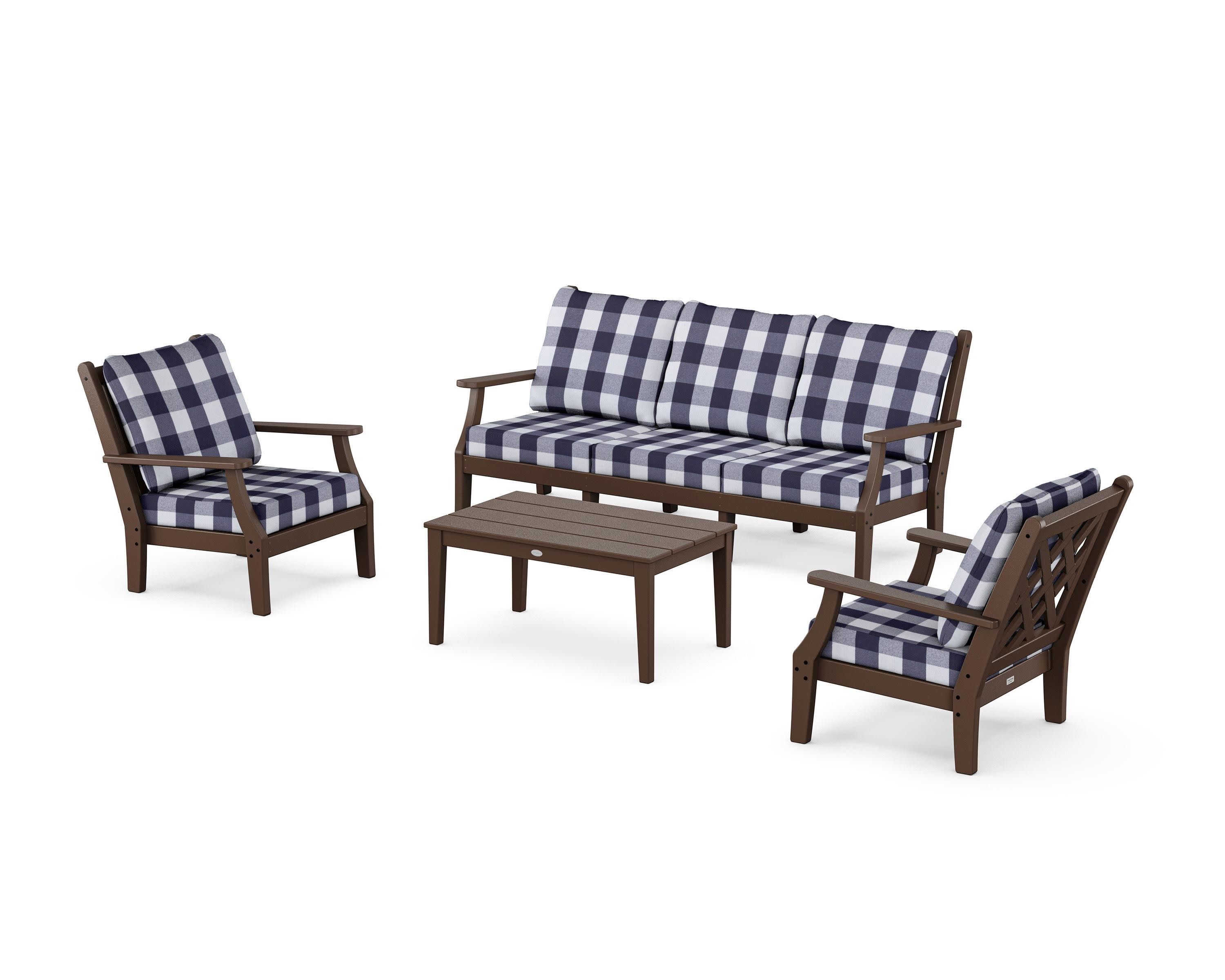 Wovendale 4-Piece Deep Seating Set with Sofa in Mahogany / Buffalo Plaid Navy