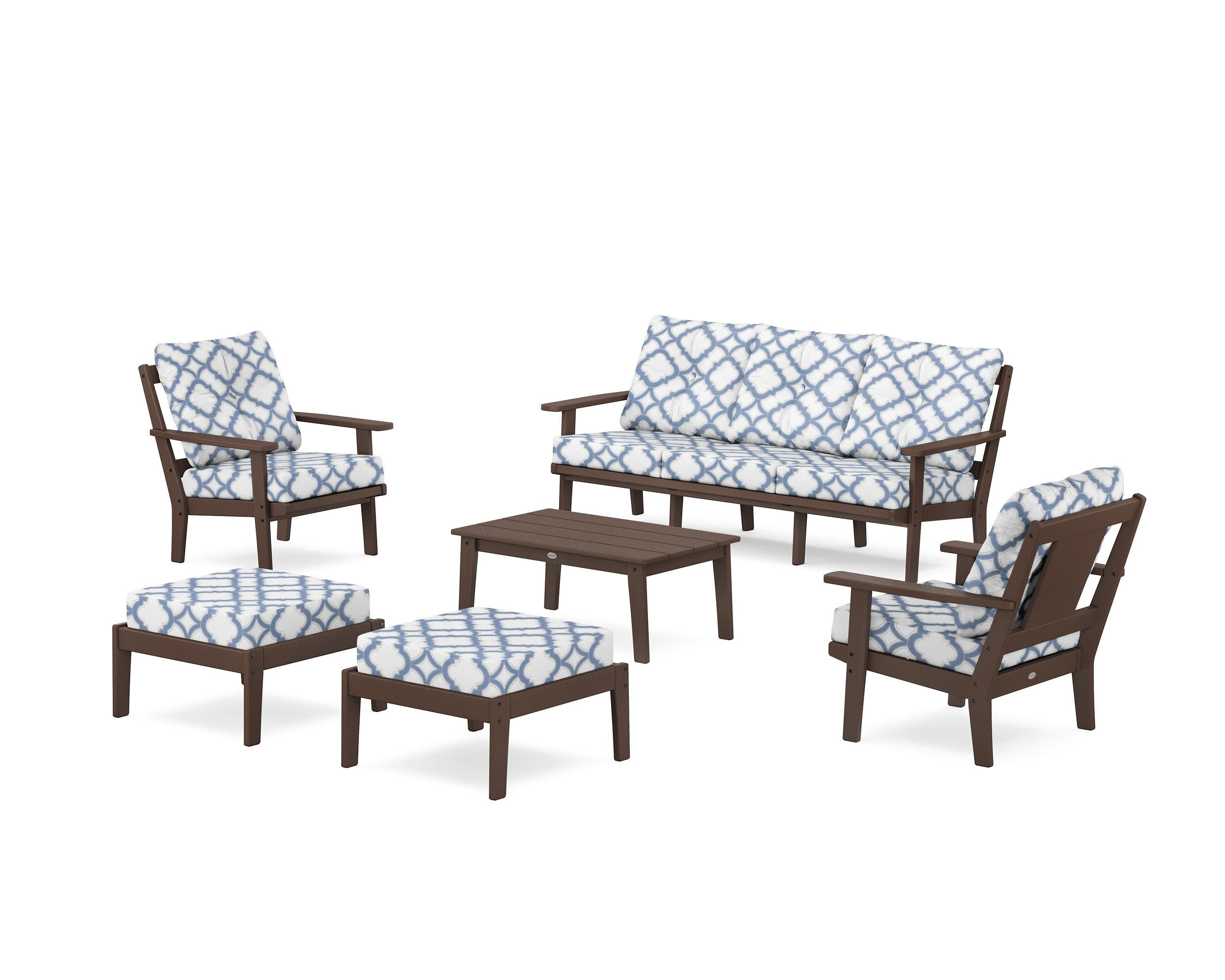 Prairie 6-Piece Lounge Sofa Set in Mahogany / Trellis Sky Blue