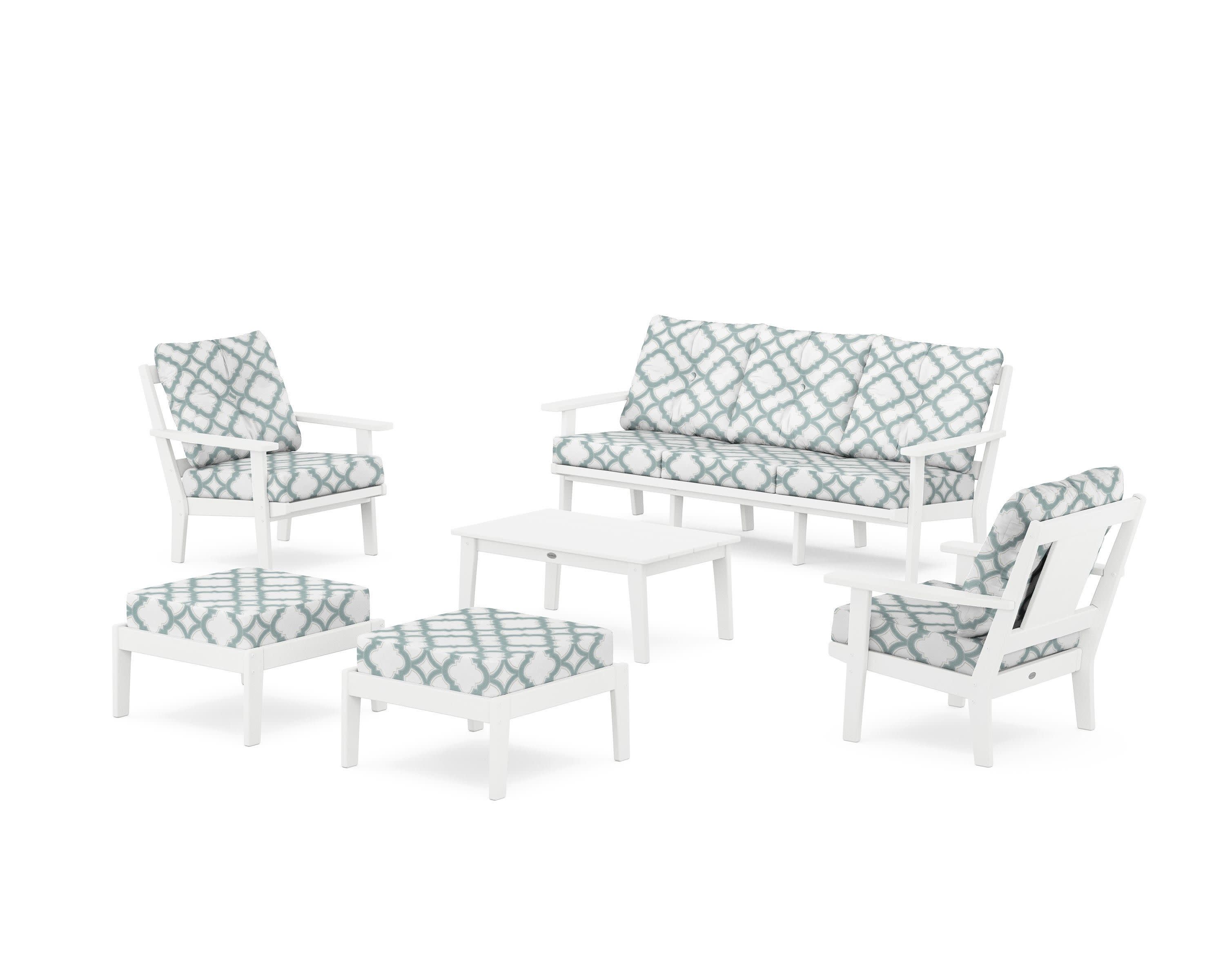 Prairie 6-Piece Lounge Sofa Set in White / Trellis Glacier Spa