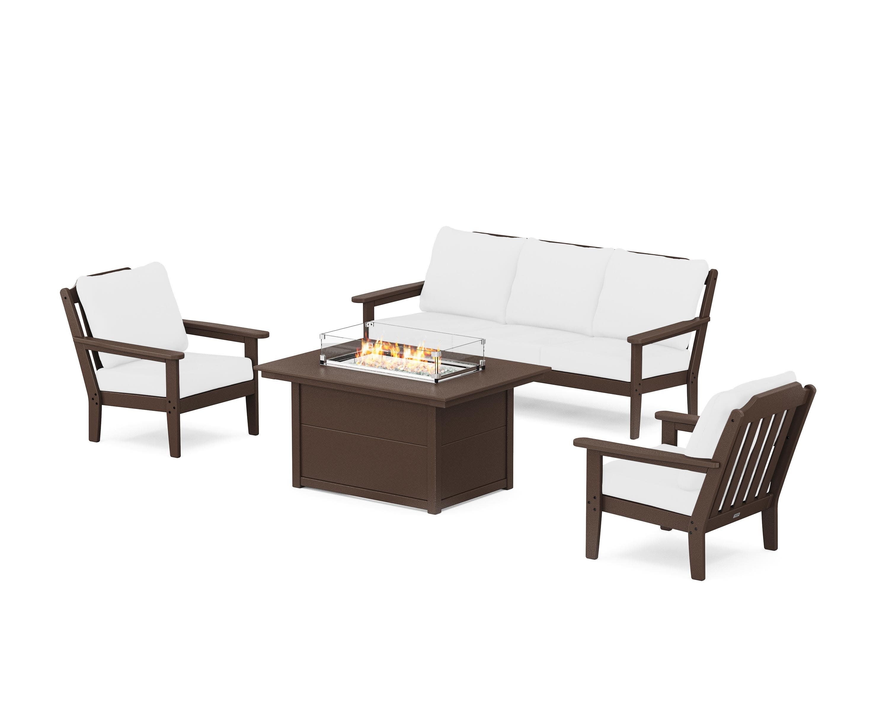 Cottage Deep Seating Fire Pit Table Set in Mahogany / Natural