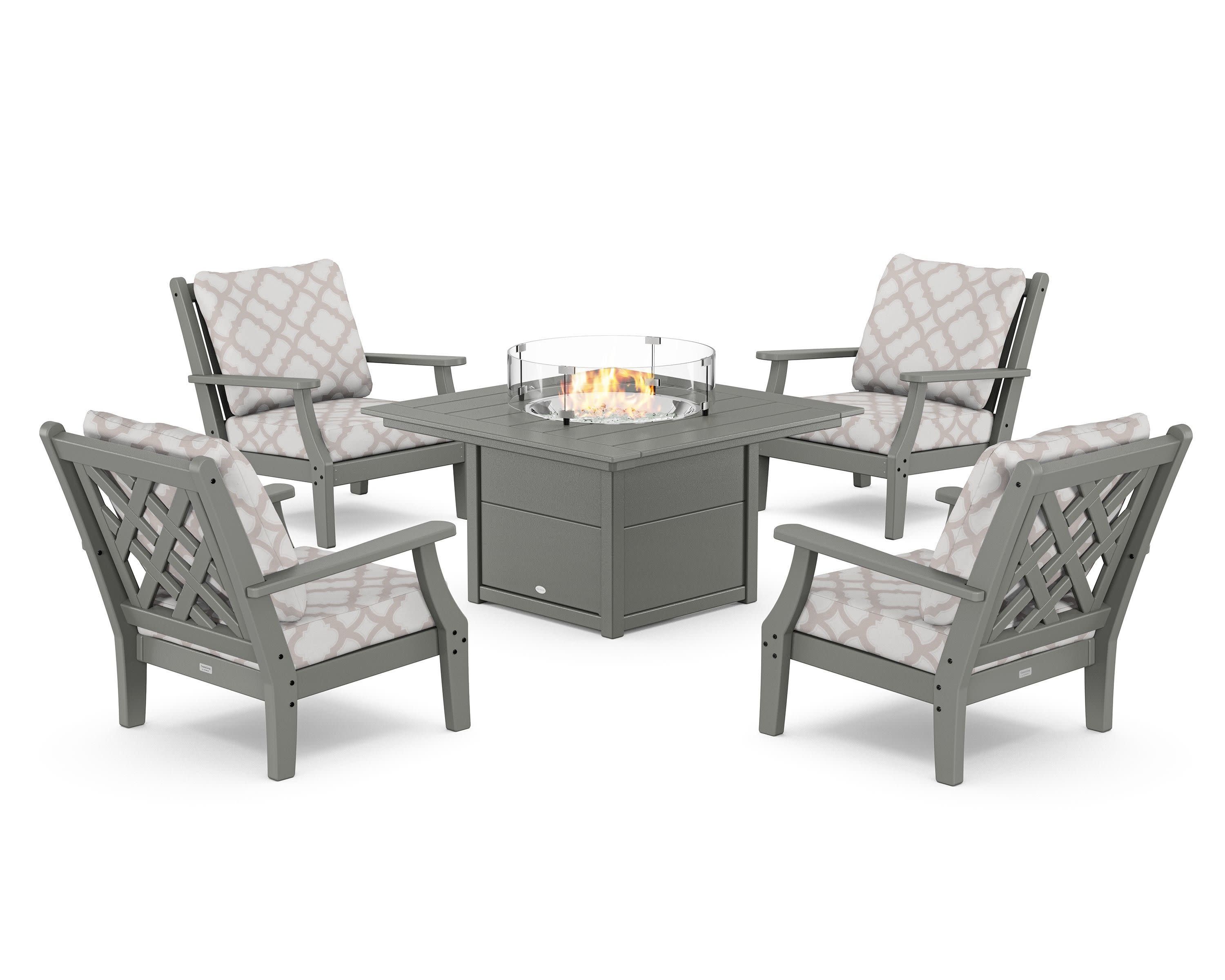 Wovendale 5-Piece Deep Seating Set with Fire Pit Table in Slate Grey / Trellis Dune Burlap