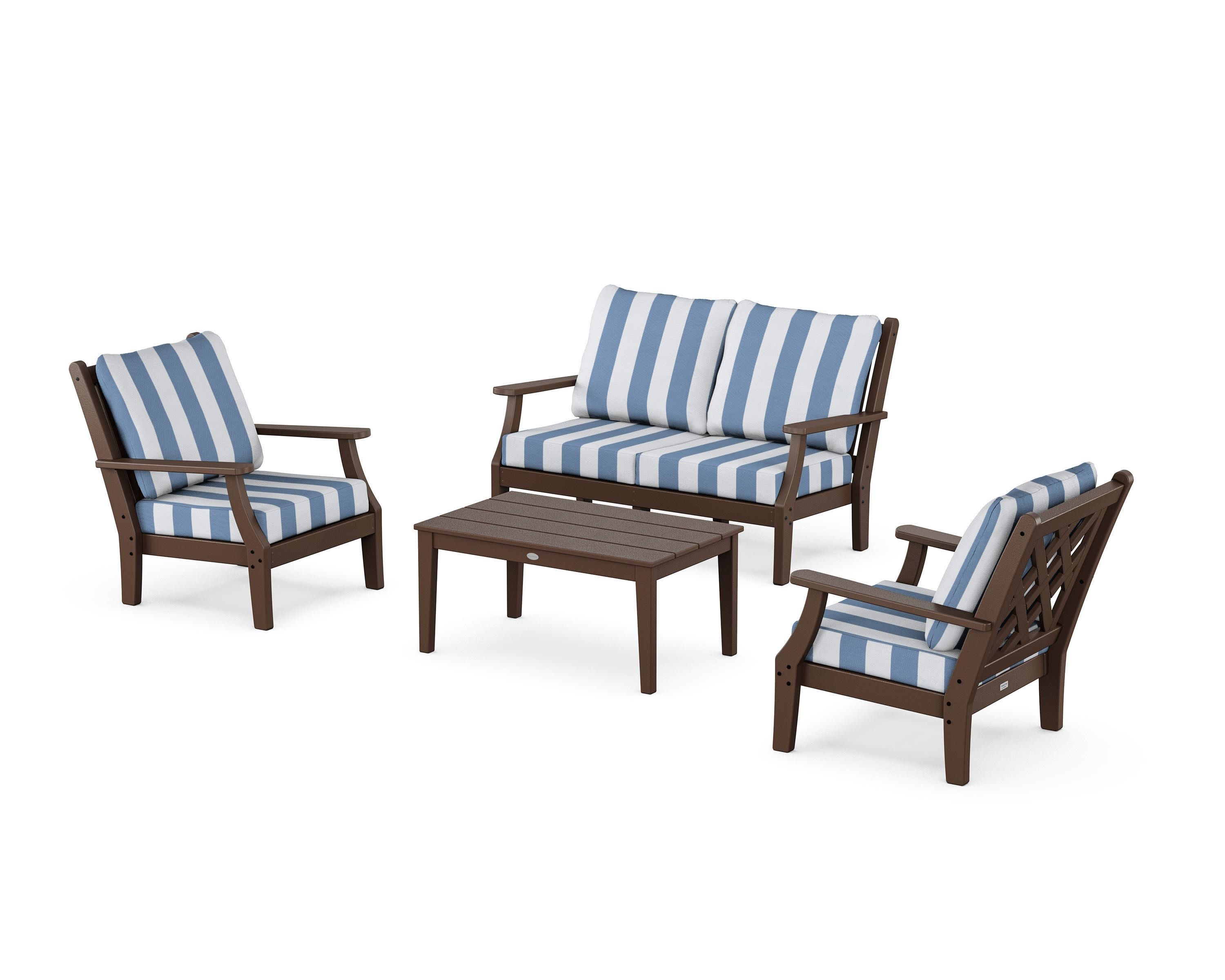 Wovendale 4-Piece Deep Seating Set with Loveseat in Mahogany / Cabana Stripe Sky Blue
