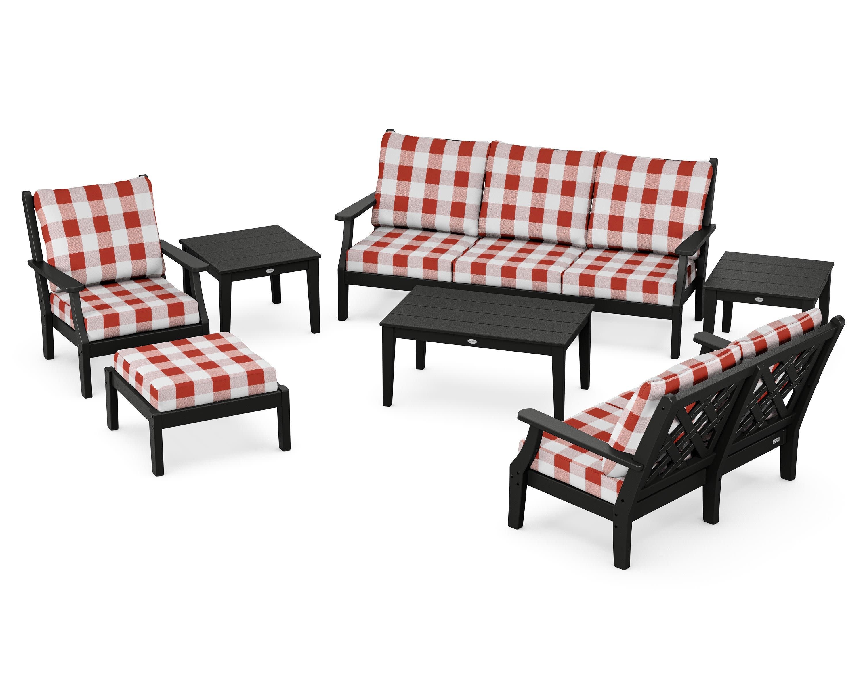 Wovendale 7-Piece Deep Seating Set in Black / Buffalo Plaid Crimson