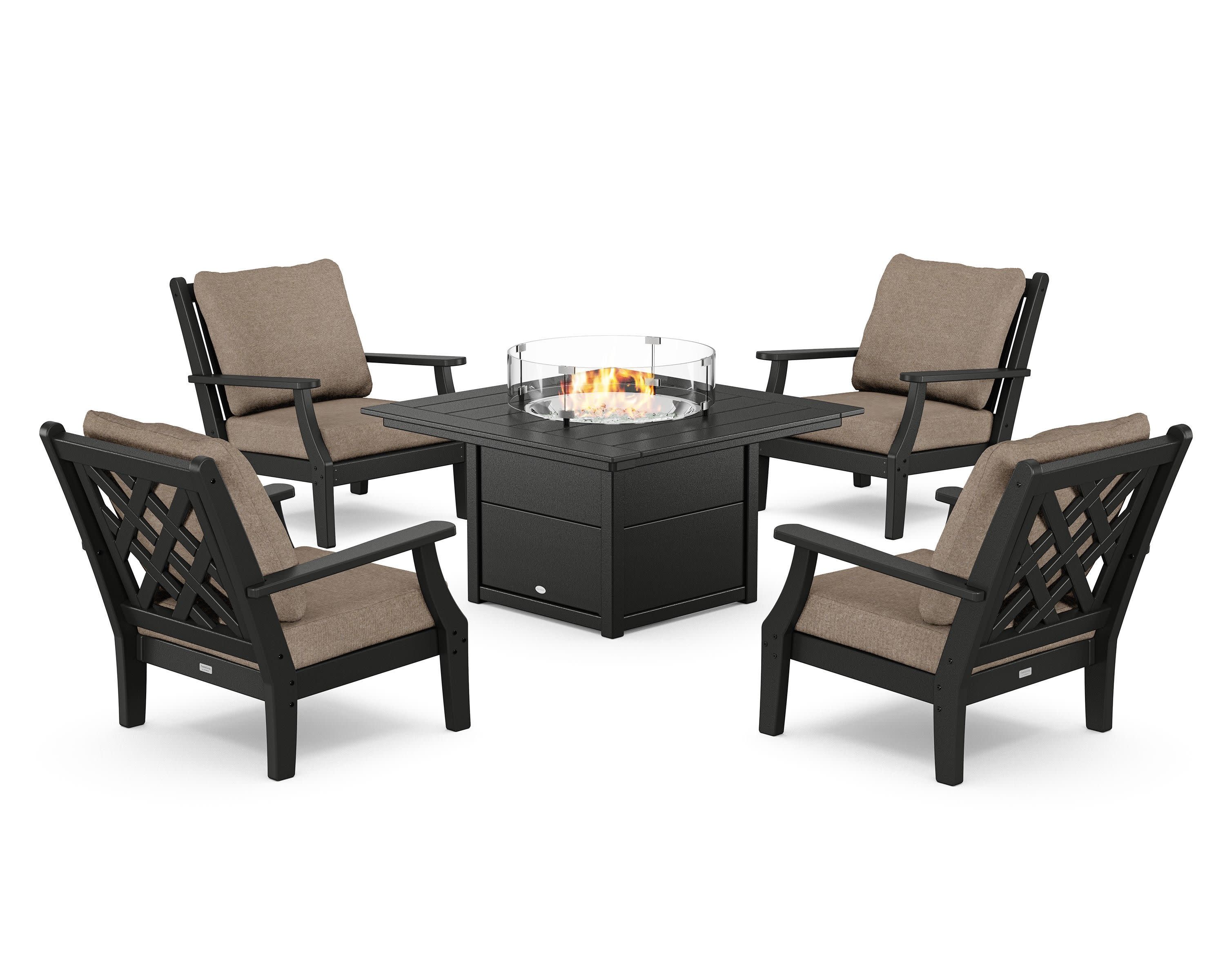 Wovendale 5-Piece Deep Seating Set with Fire Pit Table in Black / Spiced Burlap