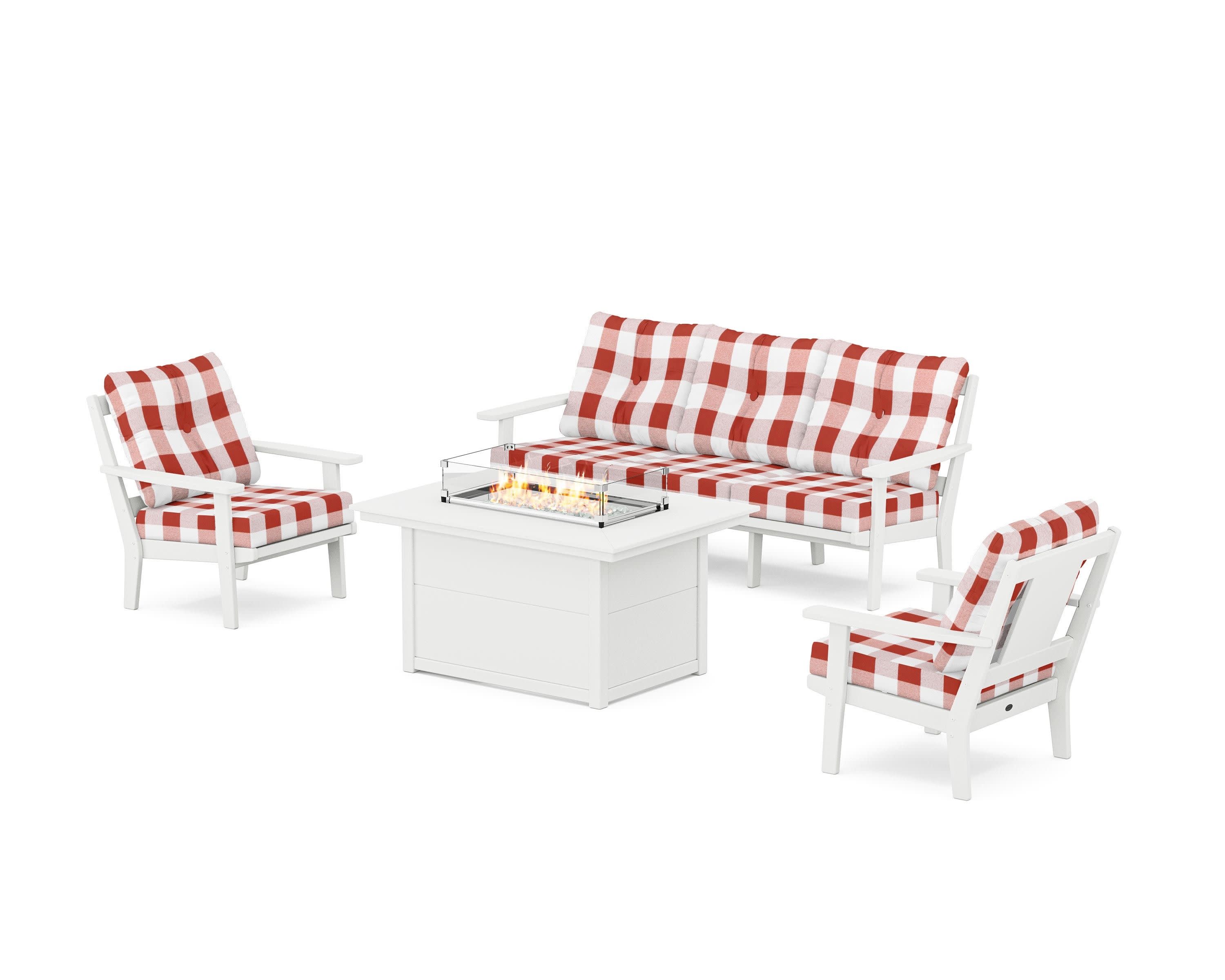 Prairie Deep Seating Fire Pit Table Set in White / Buffalo Plaid Crimson