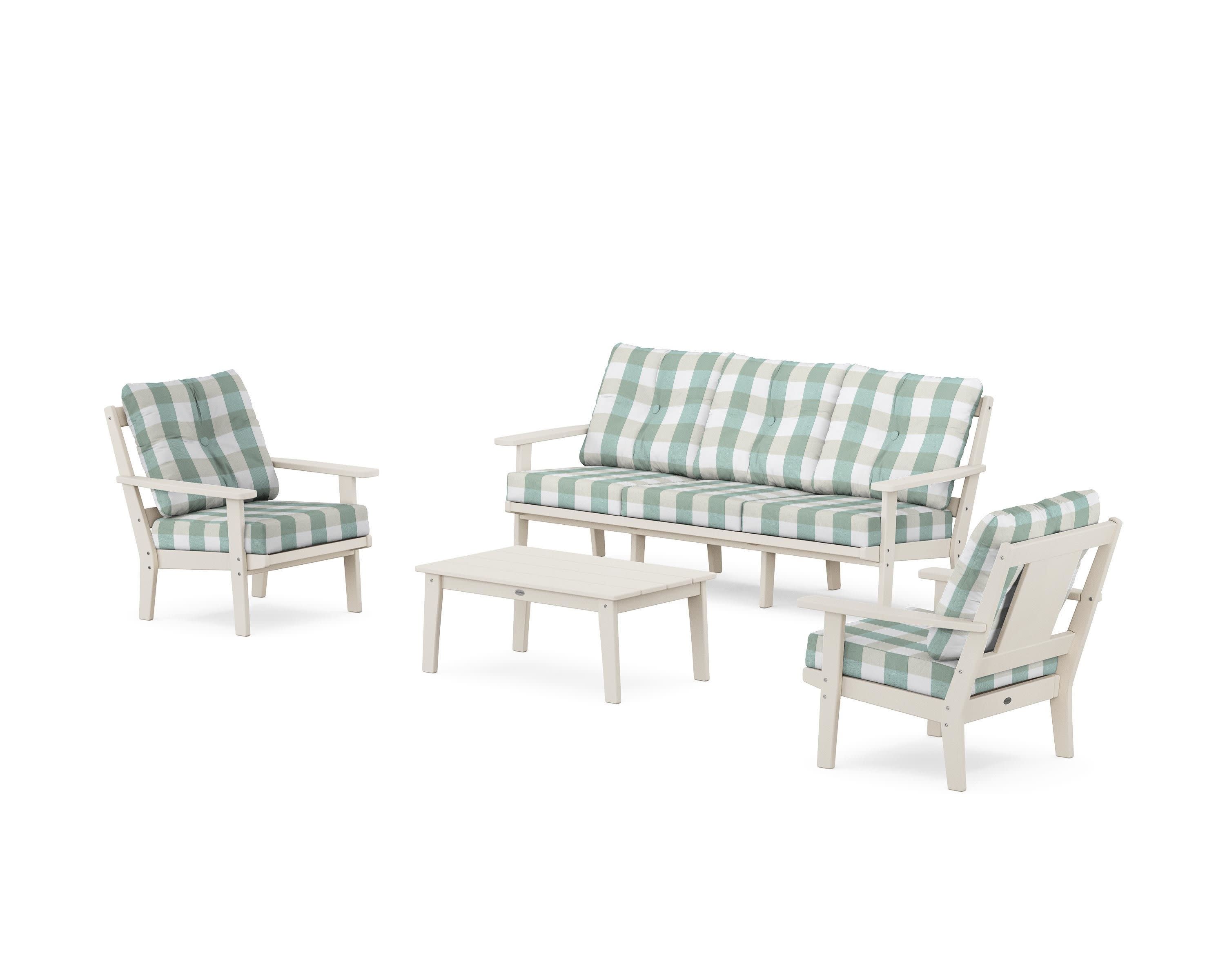 Prairie 4-Piece Deep Seating Set with Sofa in Sand / Buffalo Plaid Glacier Spa