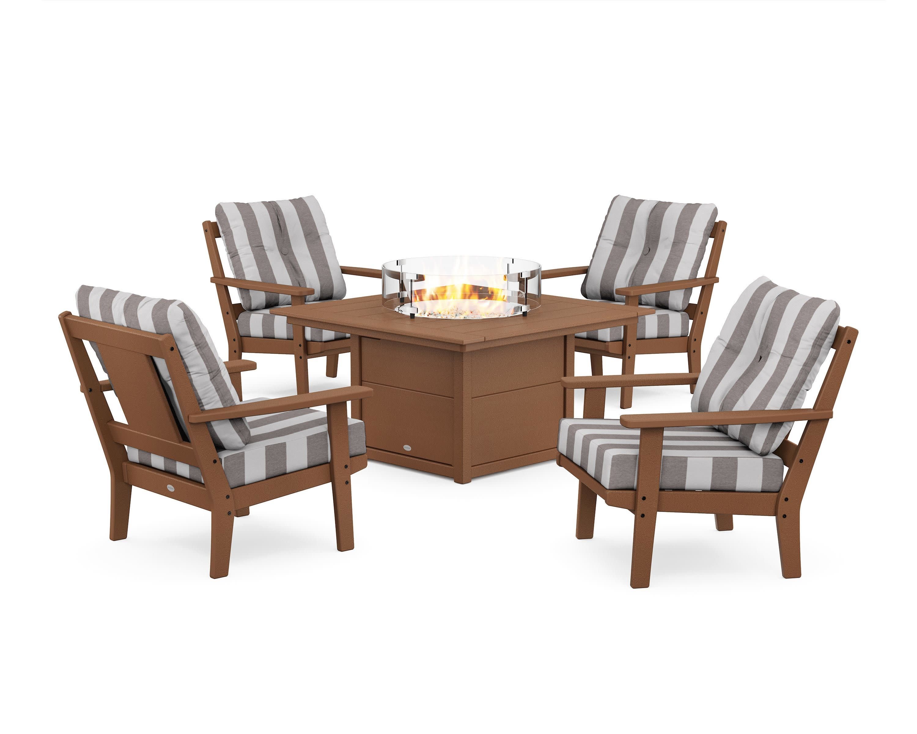 Prairie 5-Piece Deep Seating Set with Fire Pit Table in Teak / Cabana Stripe Grey Mist