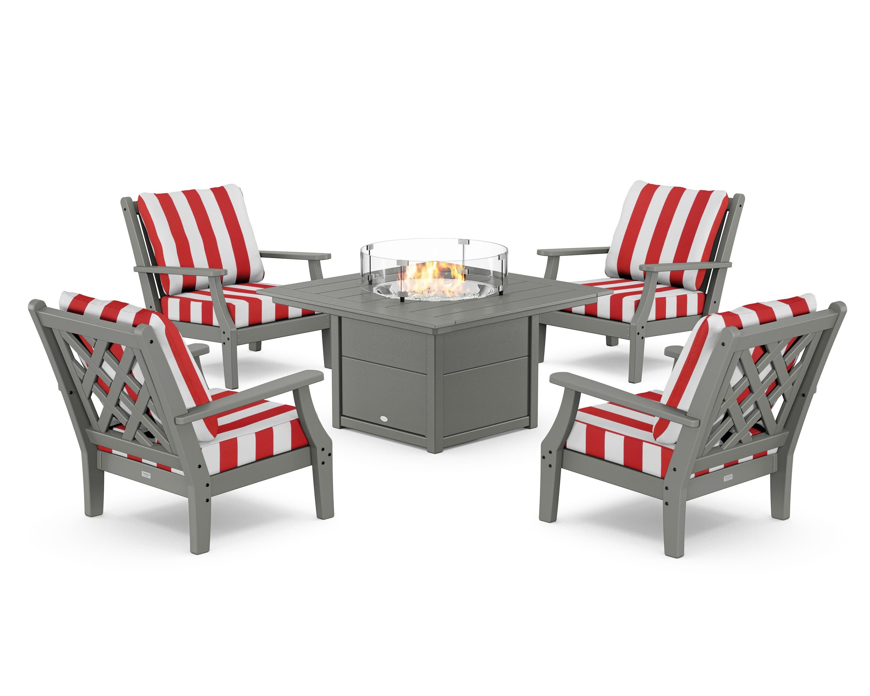 Wovendale 5-Piece Deep Seating Set with Fire Pit Table in Slate Grey / Cabana Stripe Crimson