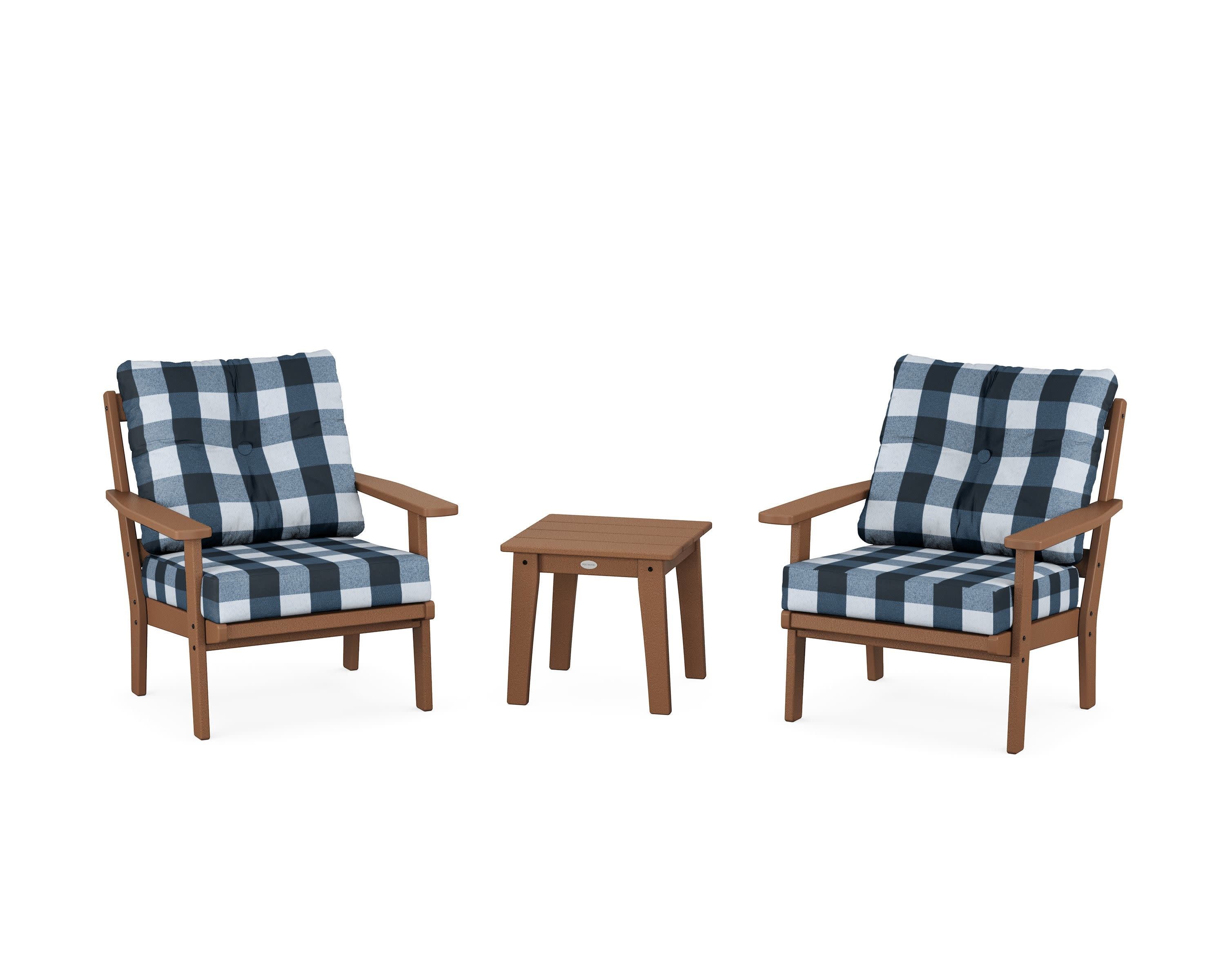 Prairie 3-Piece Deep Seating Set in Teak / Buffalo Plaid Marine Indigo
