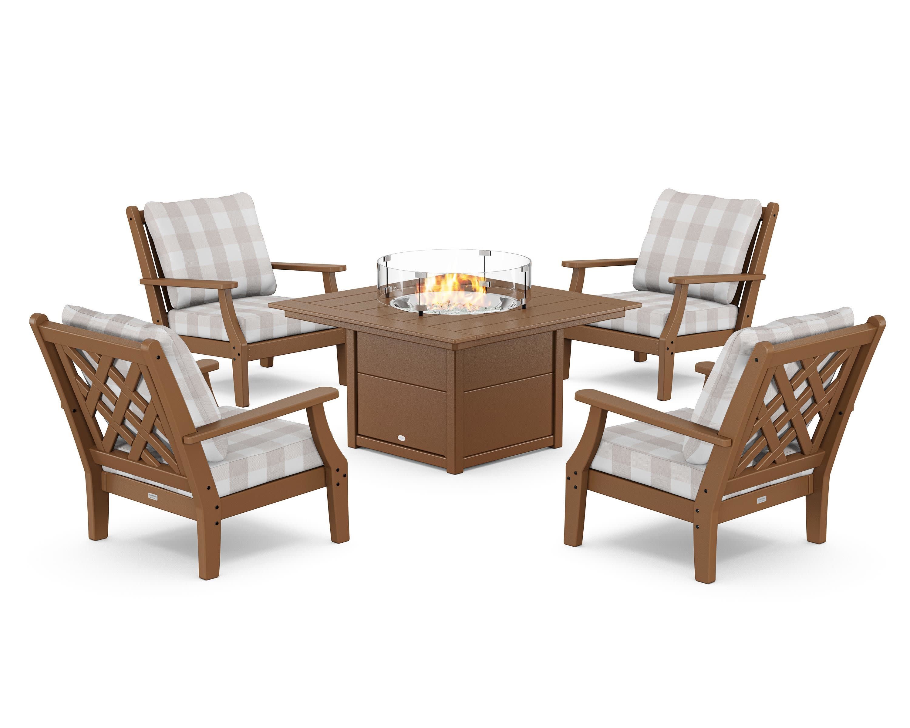 Wovendale 5-Piece Deep Seating Set with Fire Pit Table in Teak / Buffalo Plaid Dune Burlap
