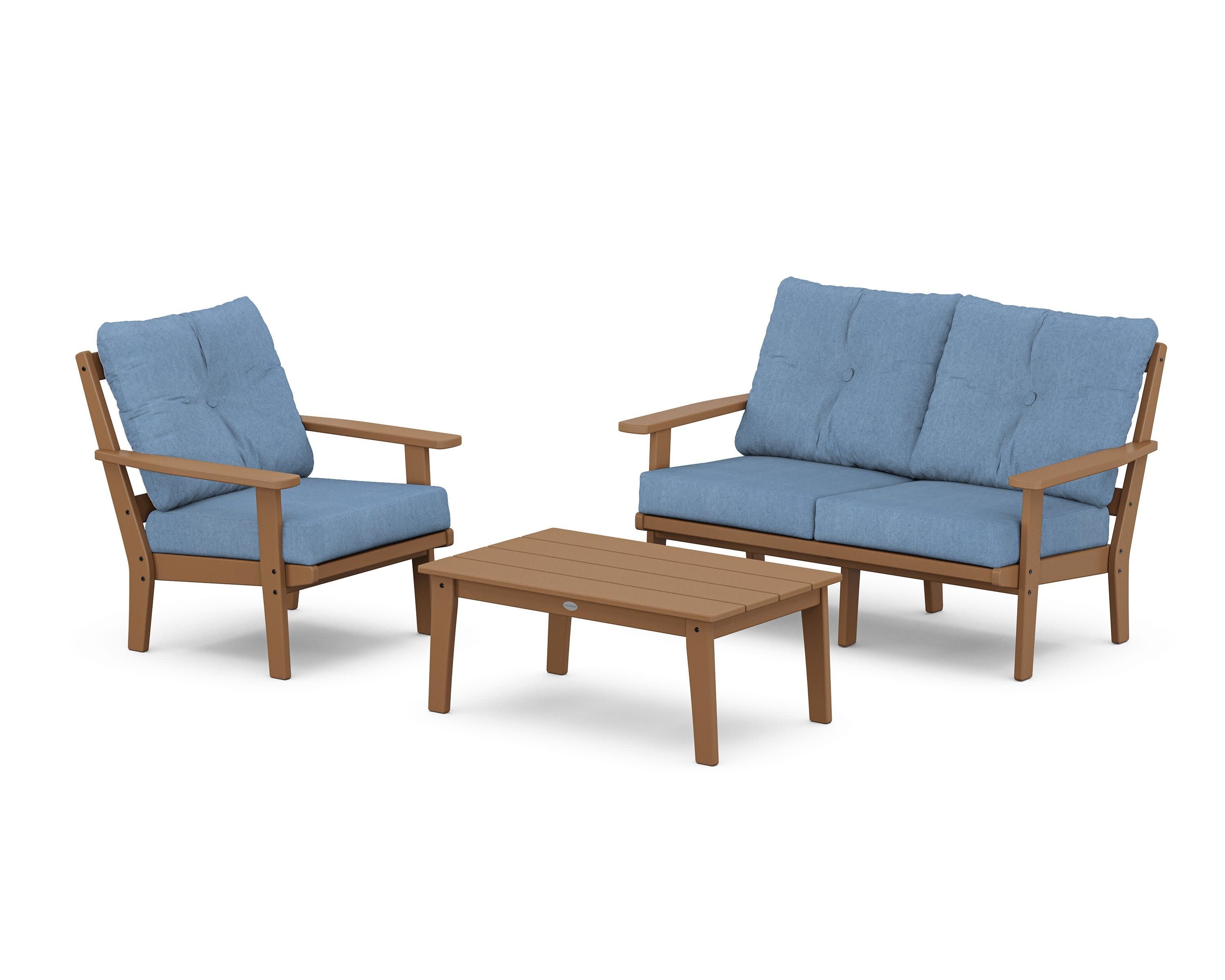 Prairie 3-Piece Deep Seating Set with Loveseat in Teak / Sky Blue
