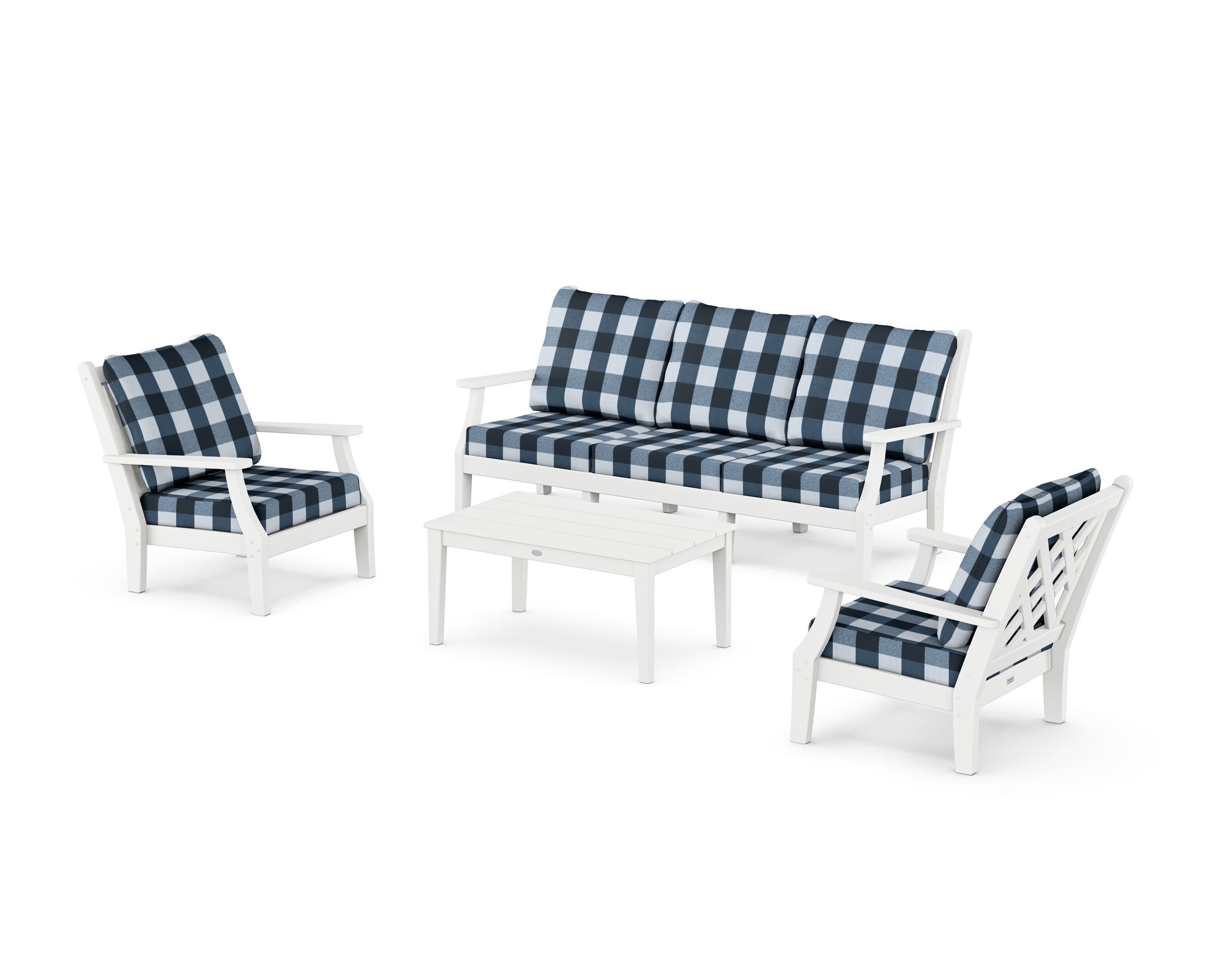 Wovendale 4-Piece Deep Seating Set with Sofa in White / Buffalo Plaid Marine Indigo