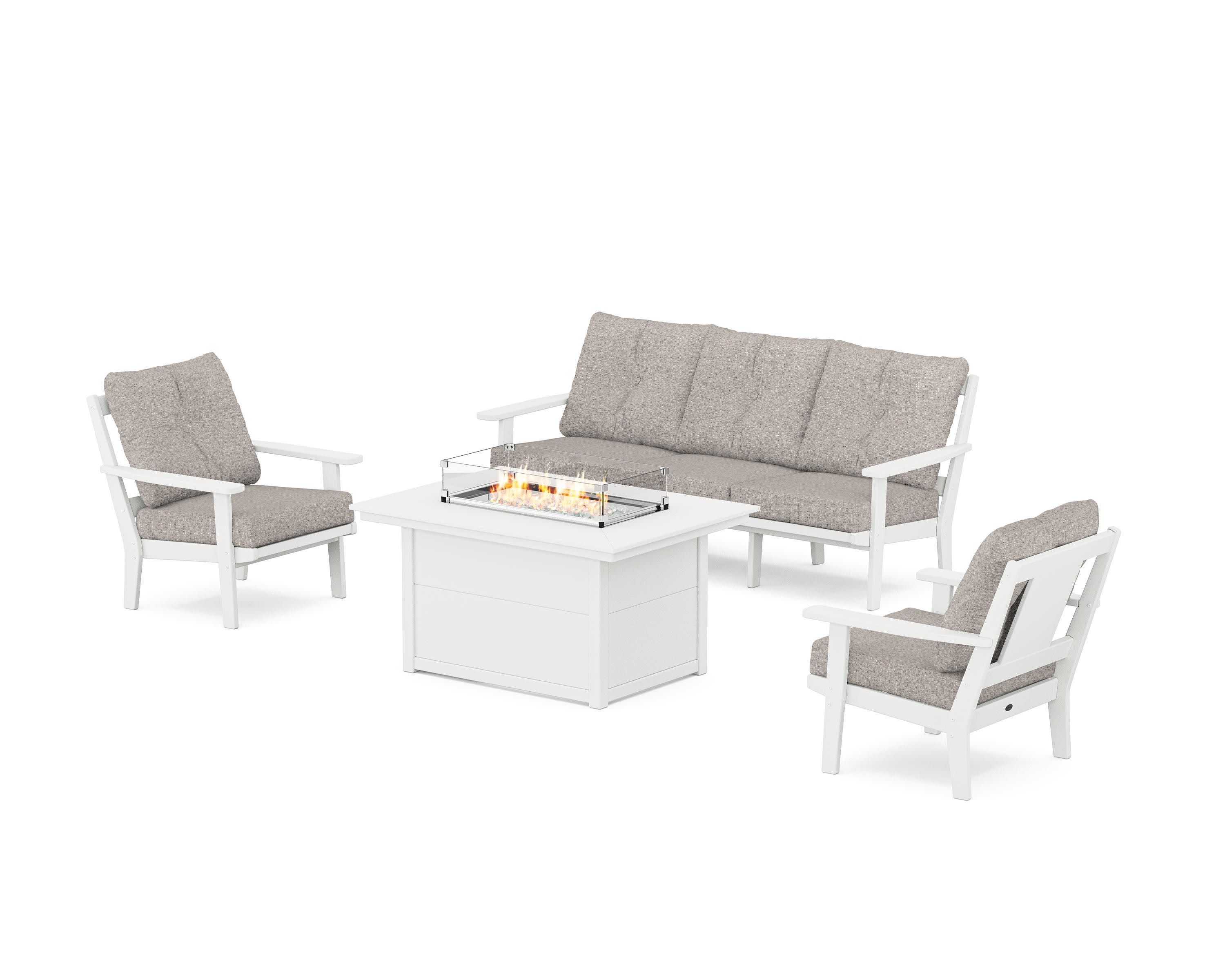 Prairie Deep Seating Fire Pit Table Set in White / Weathered Tweed