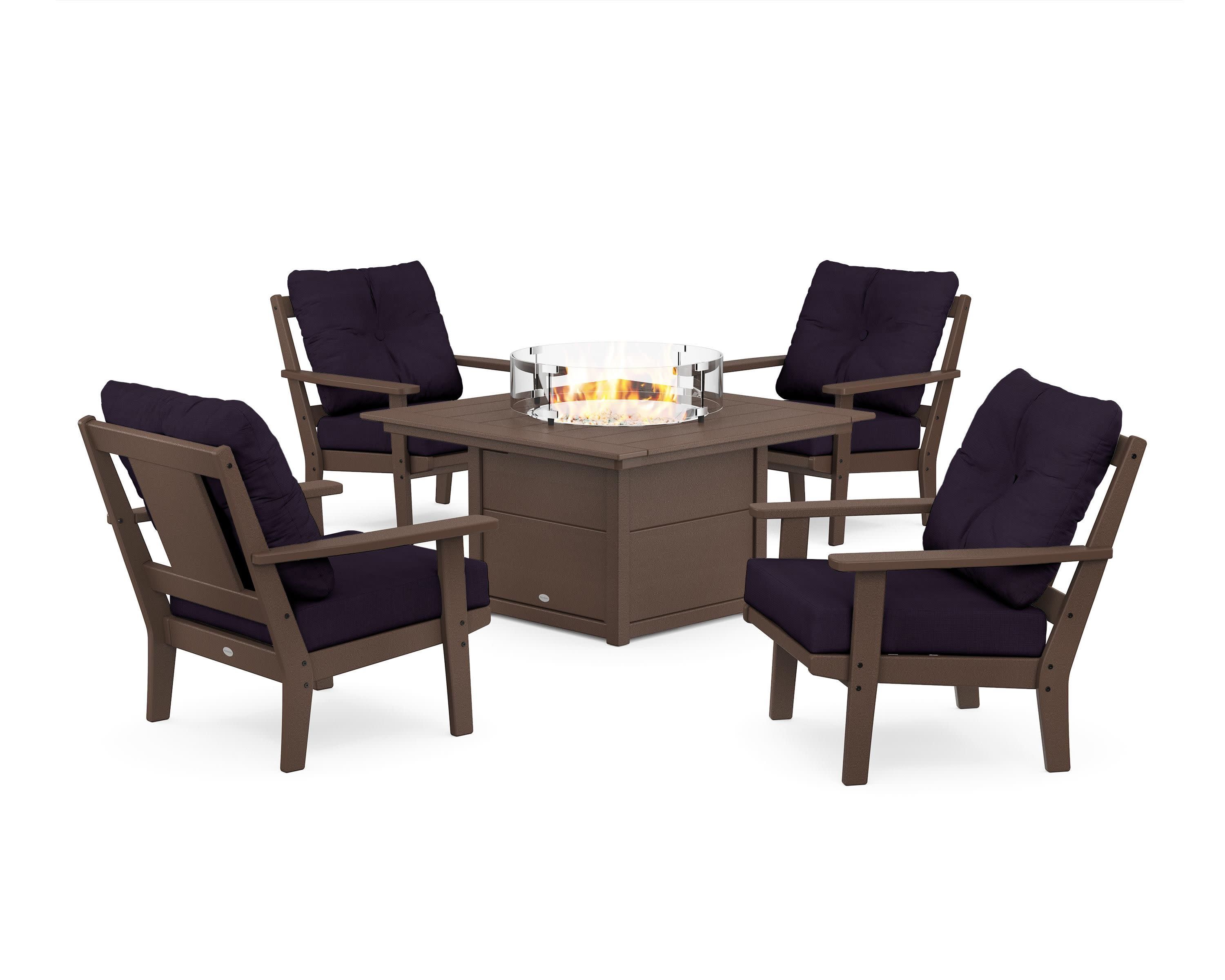 Prairie 5-Piece Deep Seating Set with Fire Pit Table in Mahogany / Navy Linen