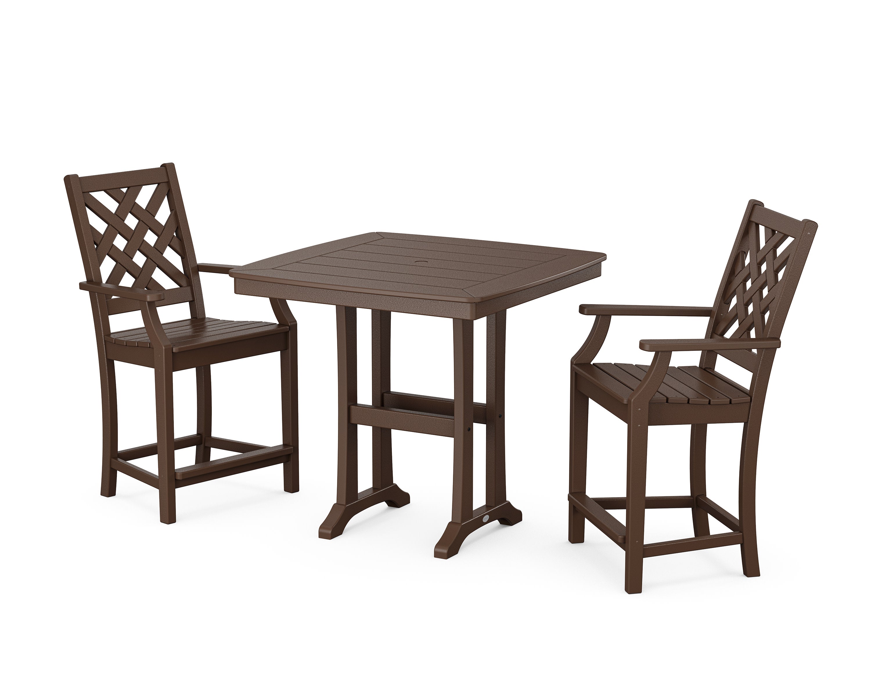 Wovendale 3-Piece Counter Set with Trestle Legs in Mahogany