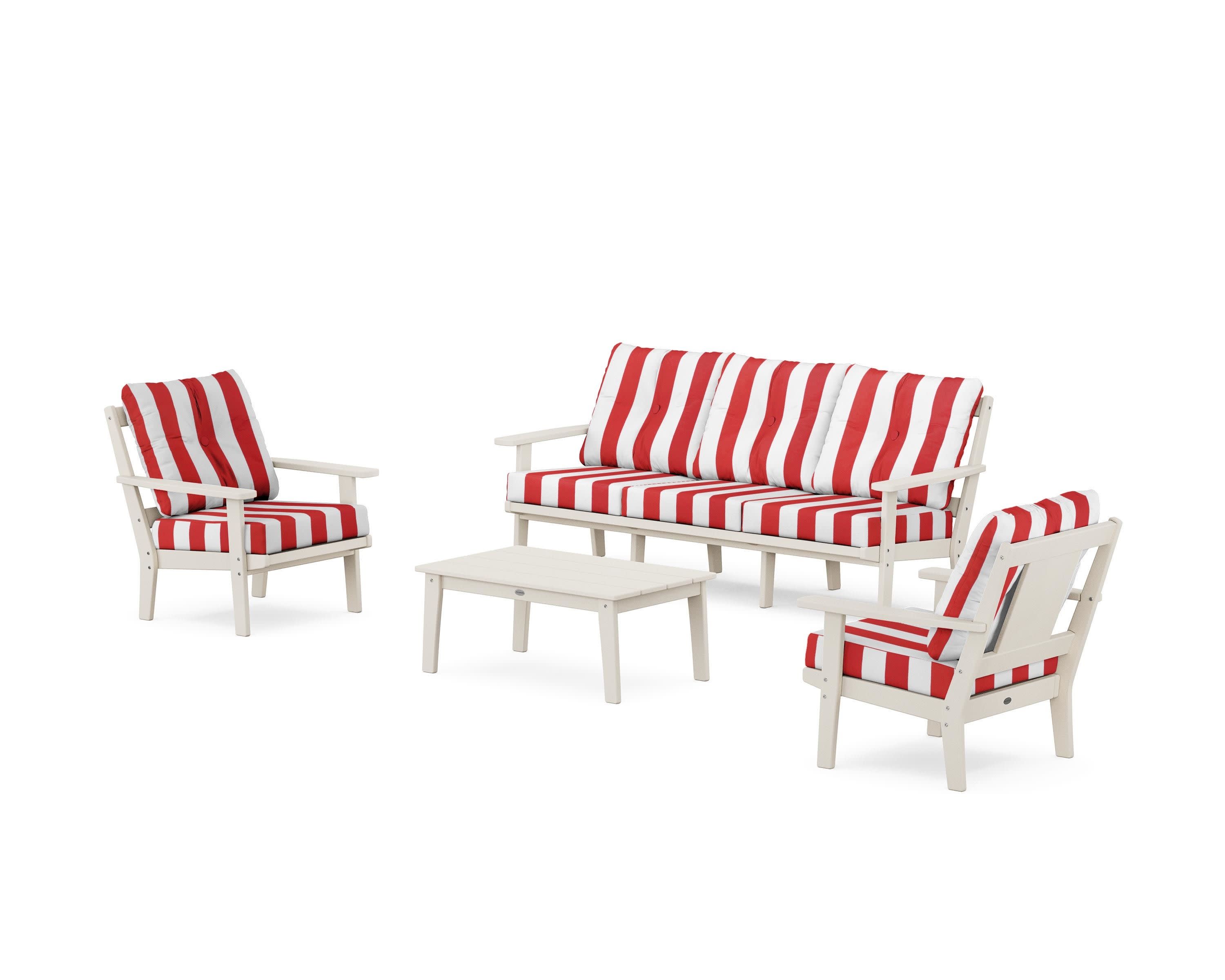 Prairie 4-Piece Deep Seating Set with Sofa in Sand / Cabana Stripe Crimson