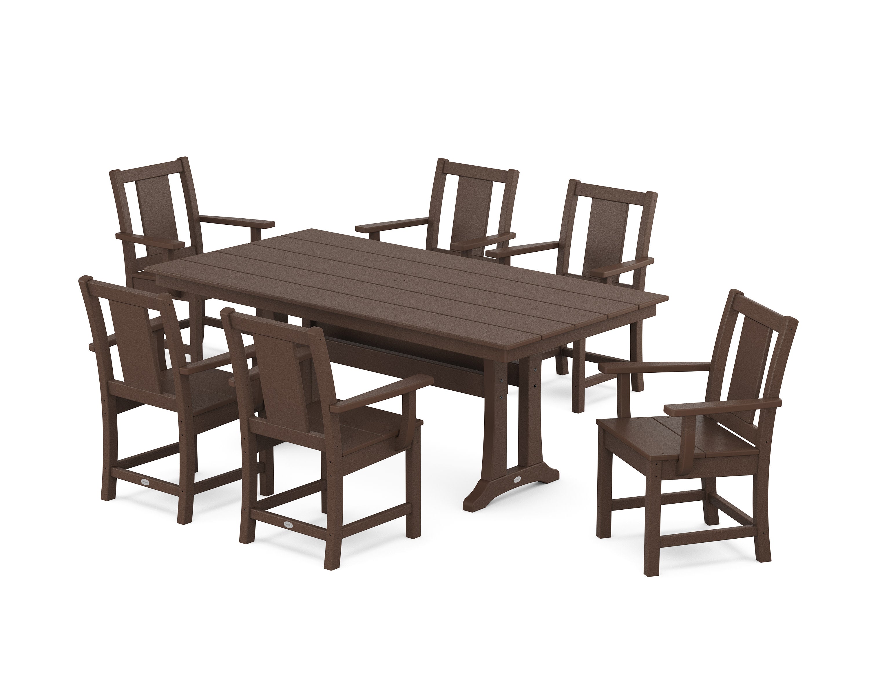 Prairie Arm Chair 7-Piece Farmhouse Dining Set with Trestle Legs in Mahogany