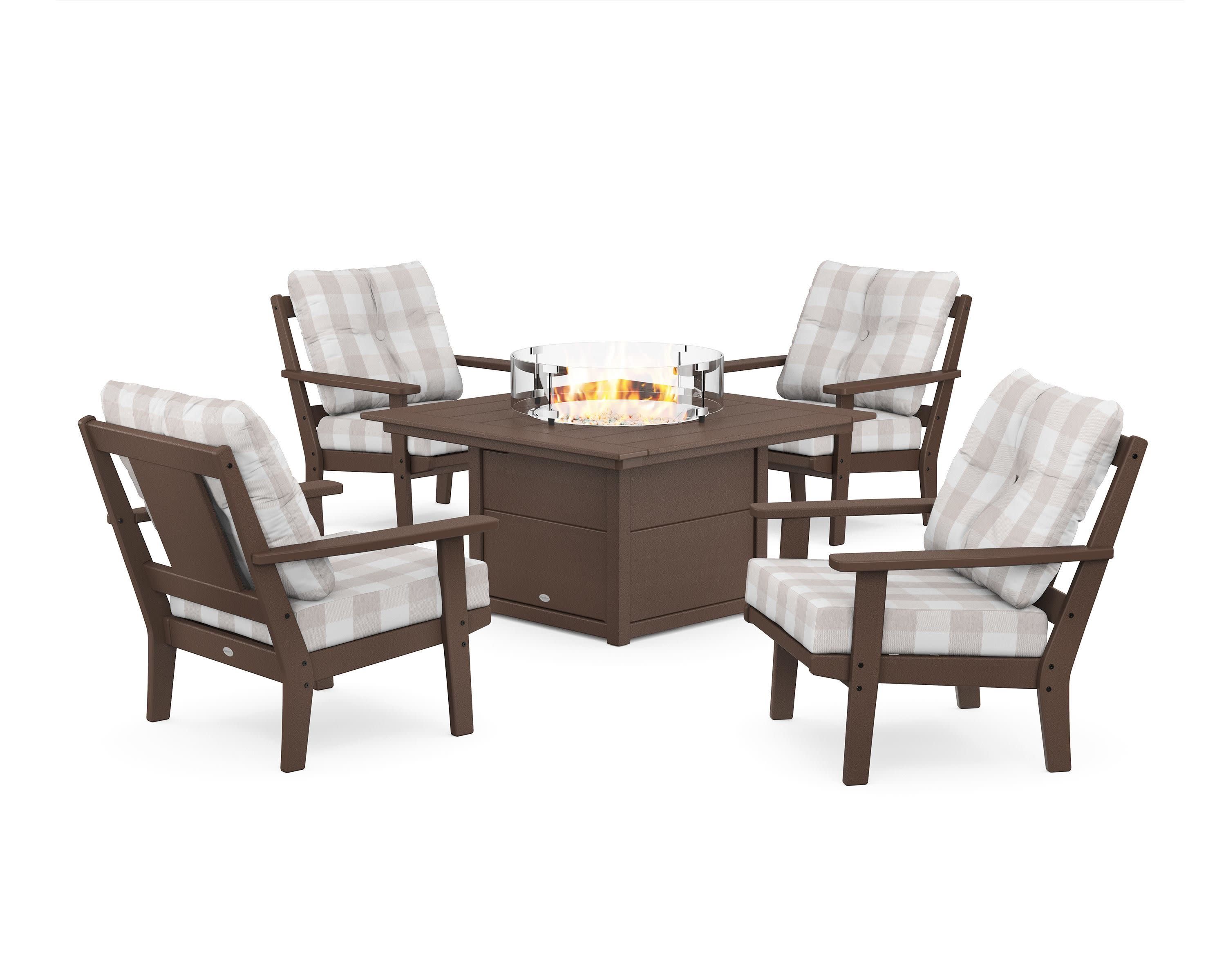 Prairie 5-Piece Deep Seating Set with Fire Pit Table in Mahogany / Buffalo Plaid Dune Burlap