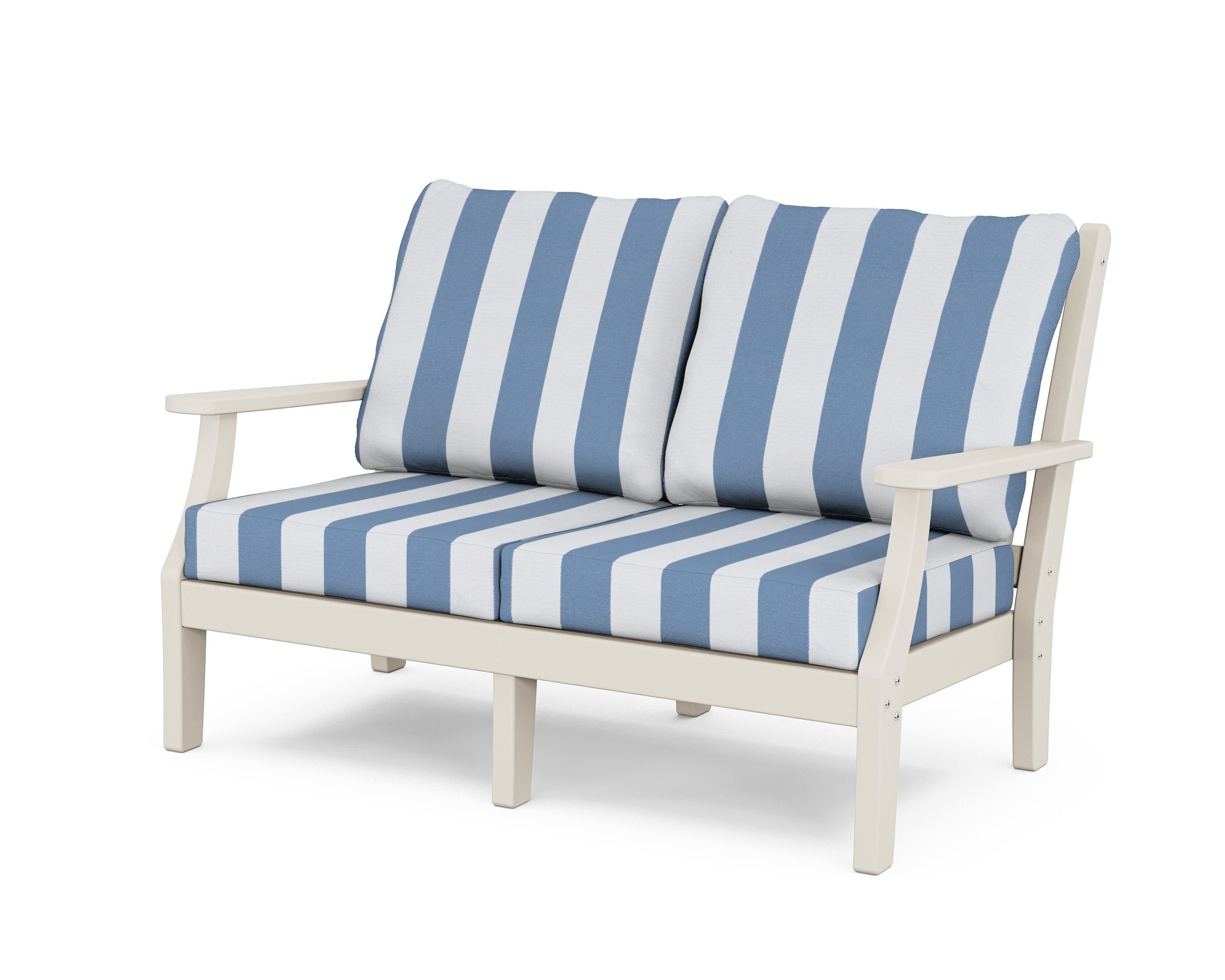 Wovendale Deep Seating Loveseat in Sand / Cabana Stripe Sky Blue
