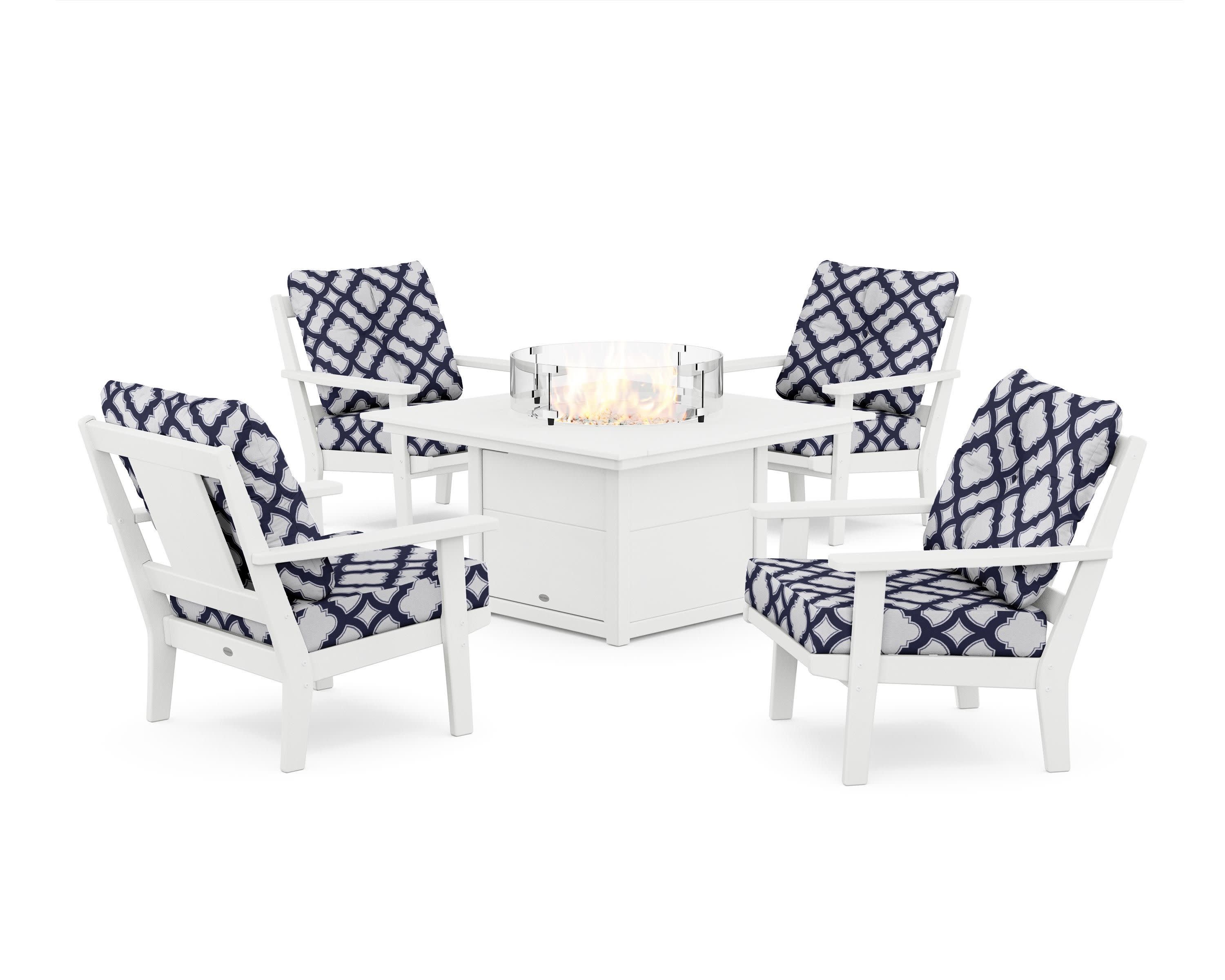 Prairie 5-Piece Deep Seating Set with Fire Pit Table in White / Trellis Navy
