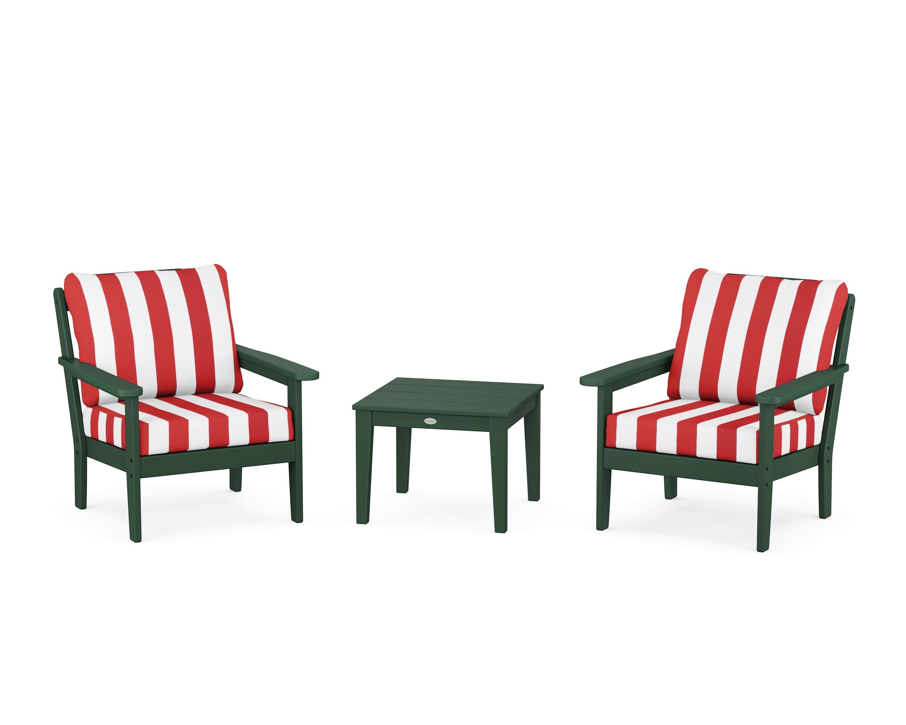 Cottage 3-Piece Deep Seating Set in Green / Cabana Stripe Crimson