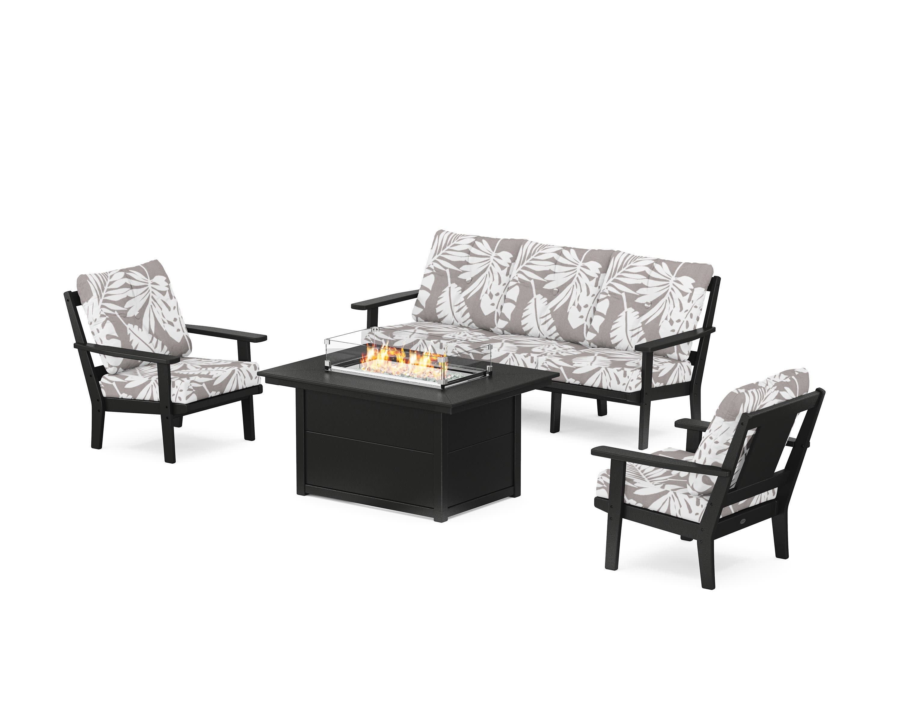 Prairie Deep Seating Fire Pit Table Set in Black / Leaf Grey Mist