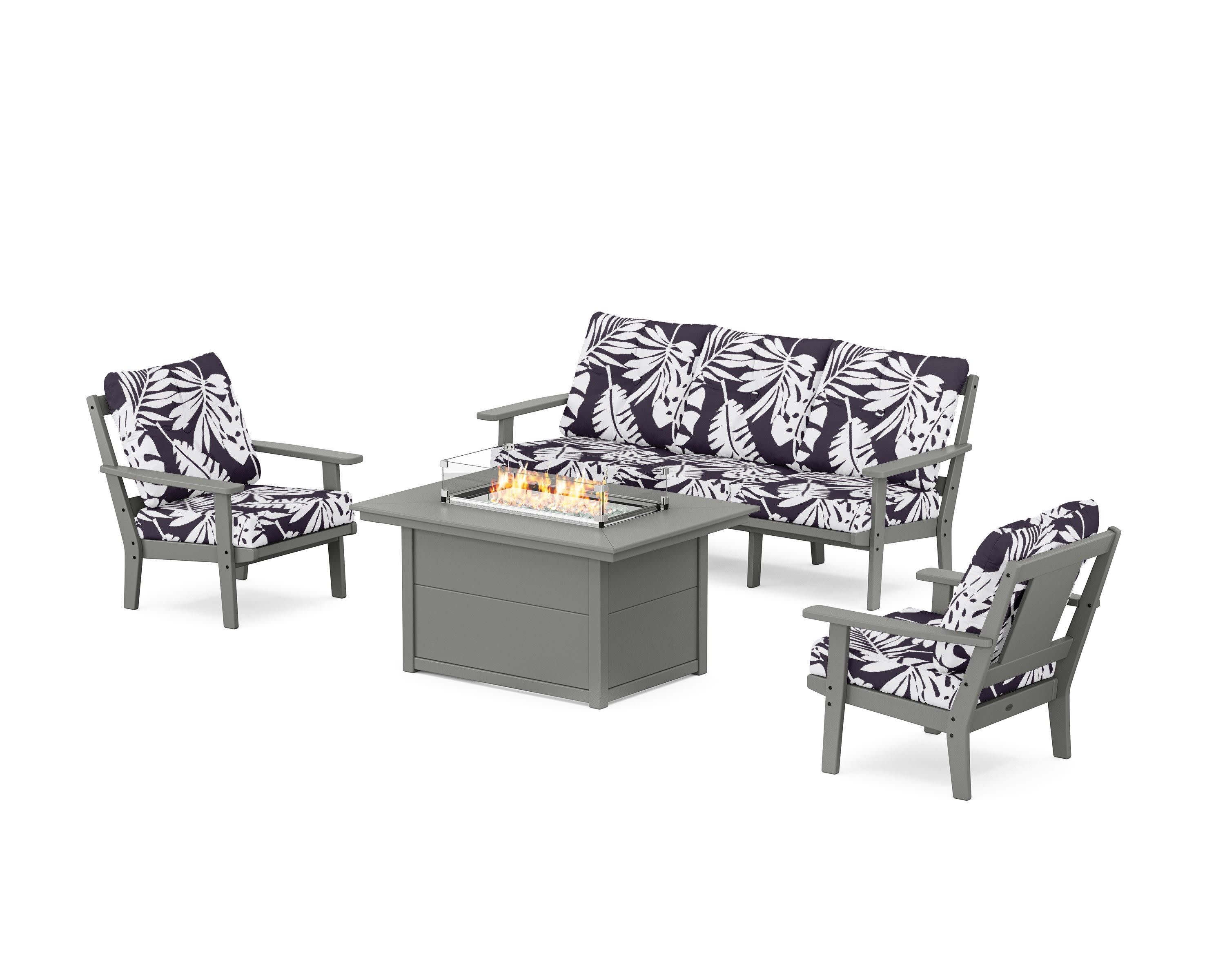 Prairie Deep Seating Fire Pit Table Set in Slate Grey / Leaf Navy