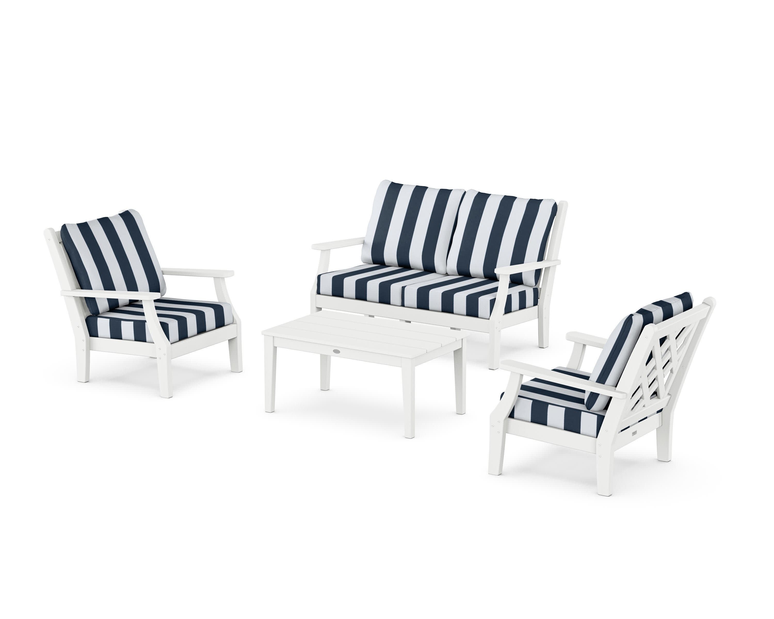 Wovendale 4-Piece Deep Seating Set with Loveseat in White / Cabana Stripe Marine Indigo