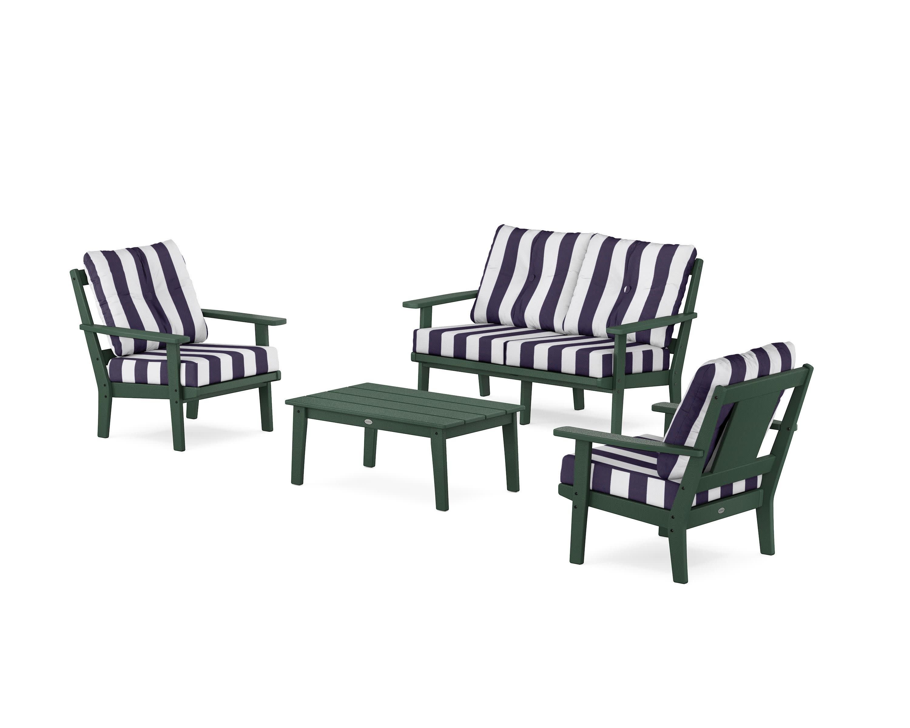 Prairie 4-Piece Deep Seating Set with Loveseat in Green / Cabana Stripe Navy