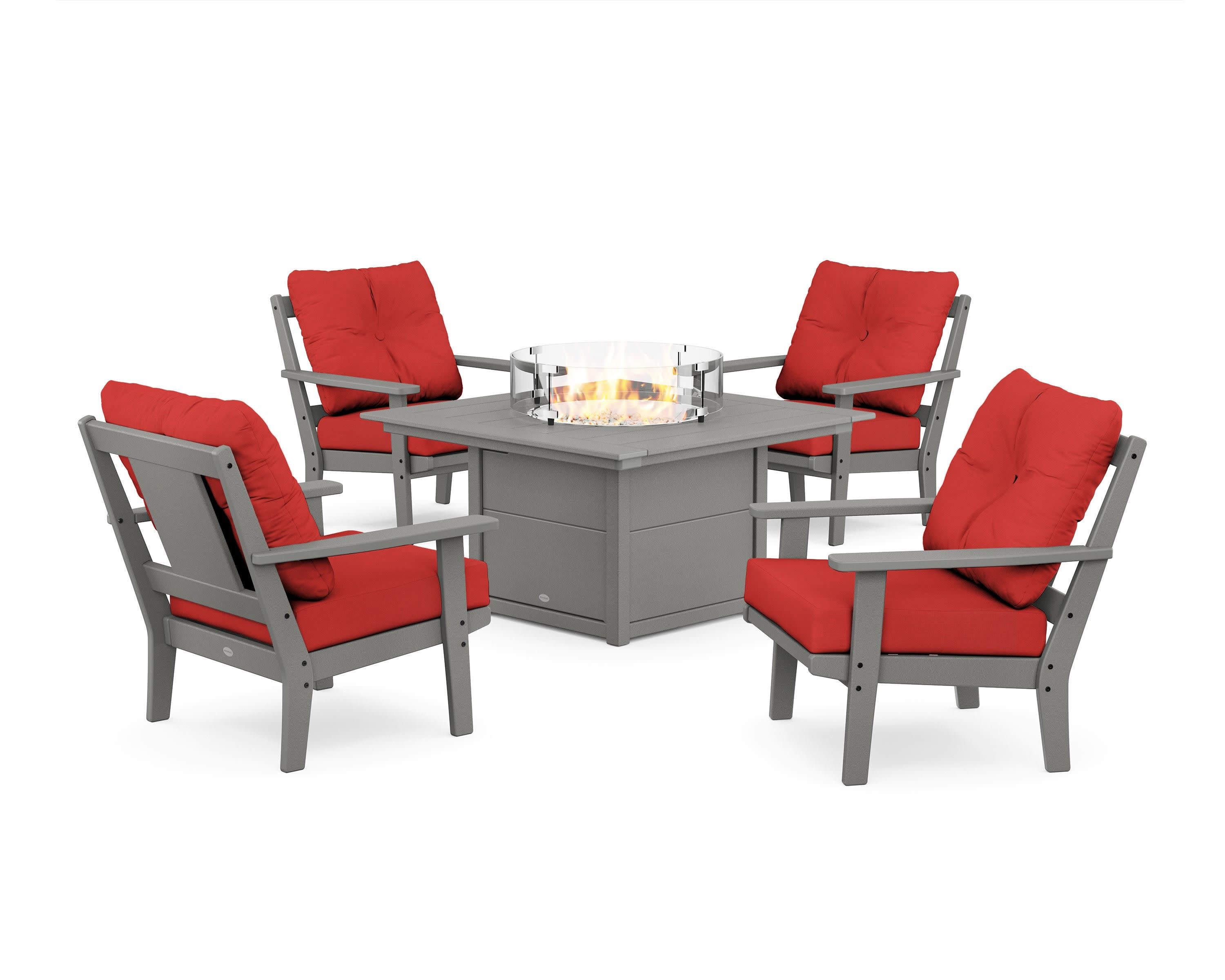 Prairie 5-Piece Deep Seating Set with Fire Pit Table in Slate Grey / Crimson Linen